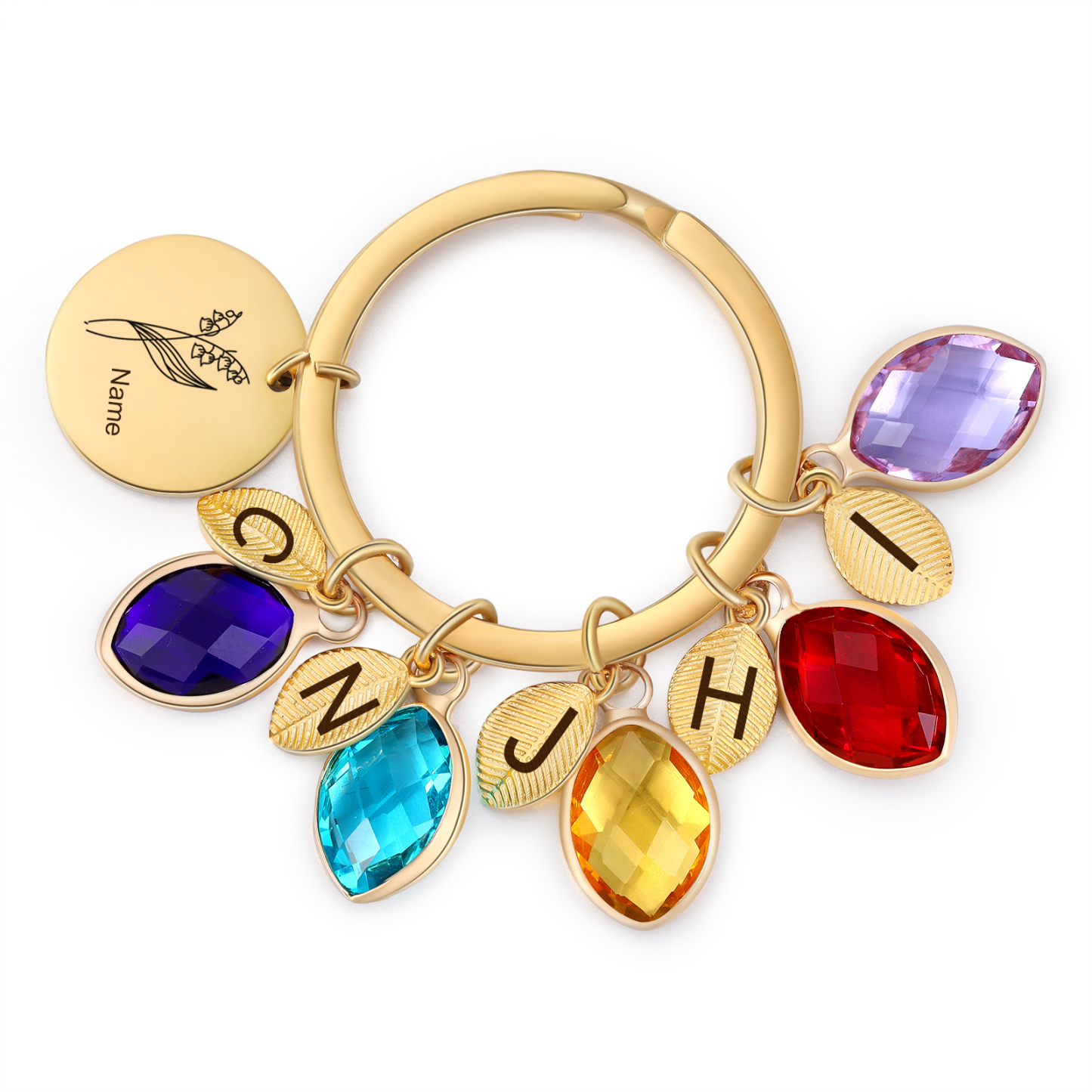 Porte-Clés Fleur de Naissance Feuilles 1 Prénom et 5 Lettres Personnalisés avec 5 Pierres de Naissance