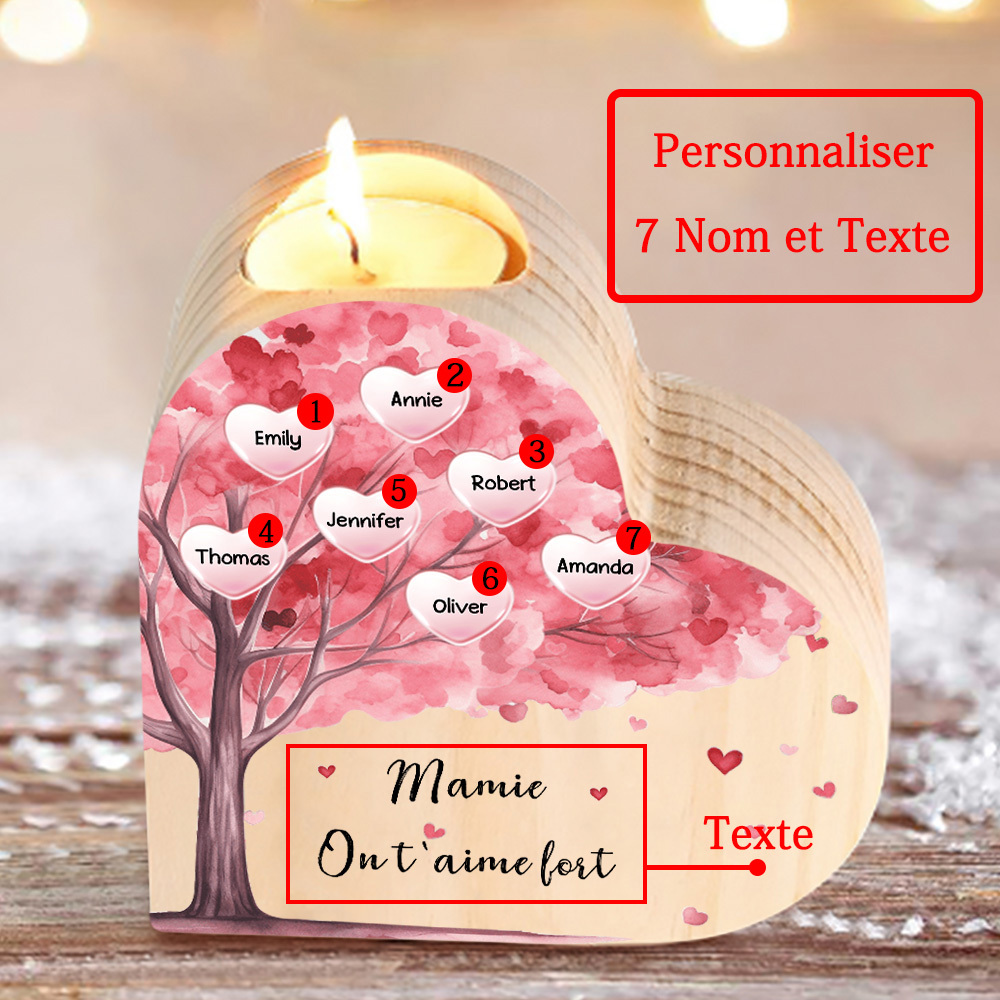 À Ma Maman/Mamie - Bougeoir en Bois Arbre 7 Prénoms et 1 Texte Personnalisés pour Famille sans bougie