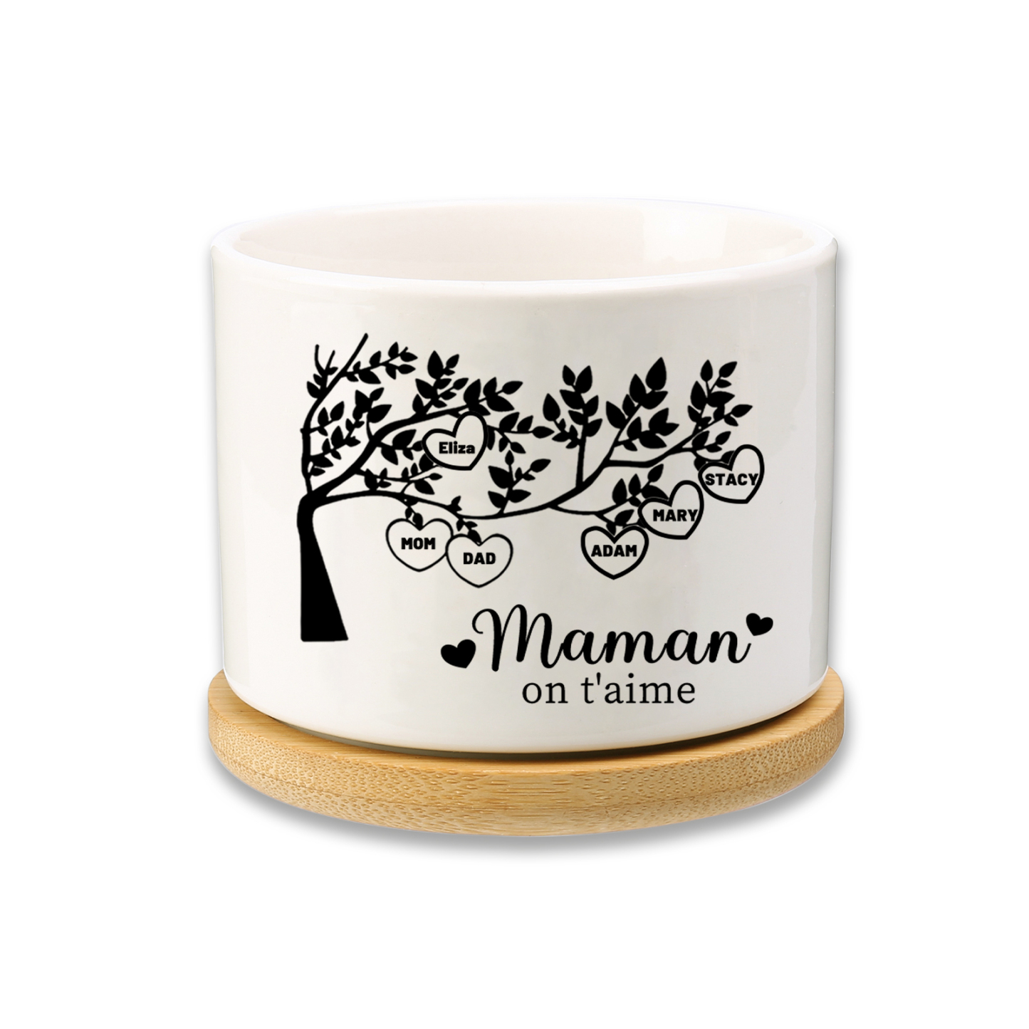 Vase/Pot de Fleurs Arbre de vie 6 Prénoms Personnalisés avec Texte Décoration de la Maison (sans plantes)