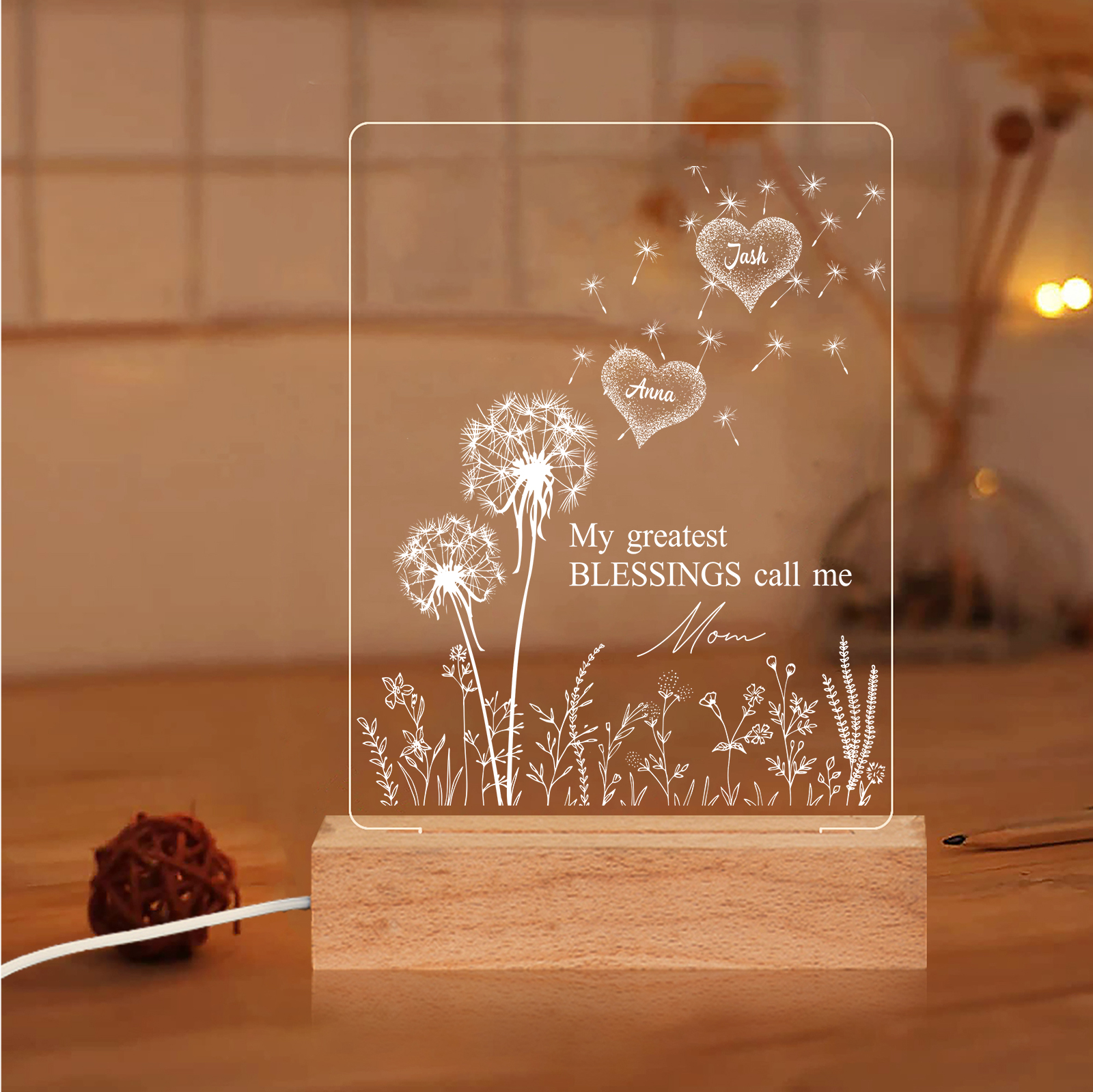 À Maman/Mamie - Lampe de chevet LED Pissenlit 2 Prénoms Personnalisés avec 2 Textes pour Famille