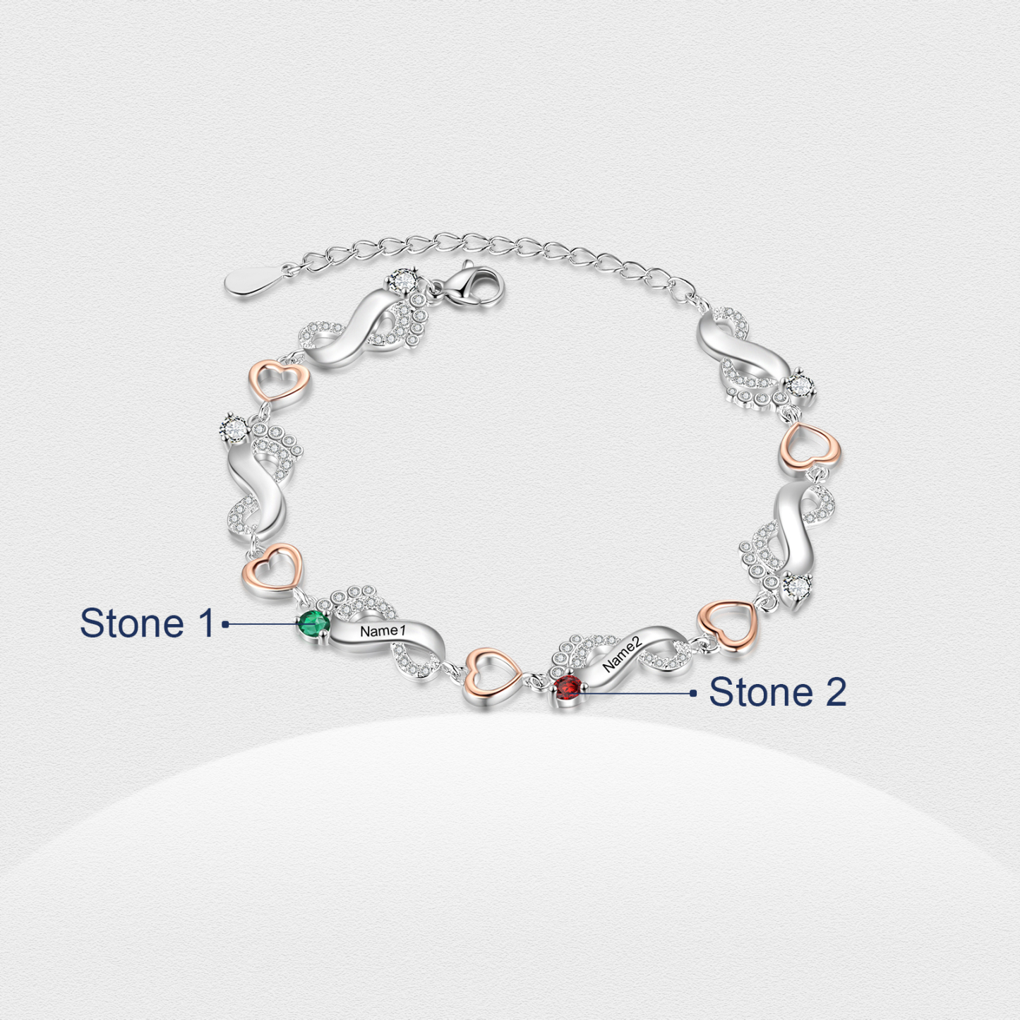 Bracelet pied bebe et Cœur 2 Prénom Personnalisé avec 2 pierre de naissance