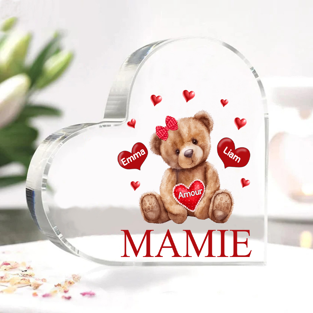 À ma Maman/Mamie - Plaque Acrylique Ours en Forme de Cœur 2 Prénoms Personnalisés avec 1 Texte