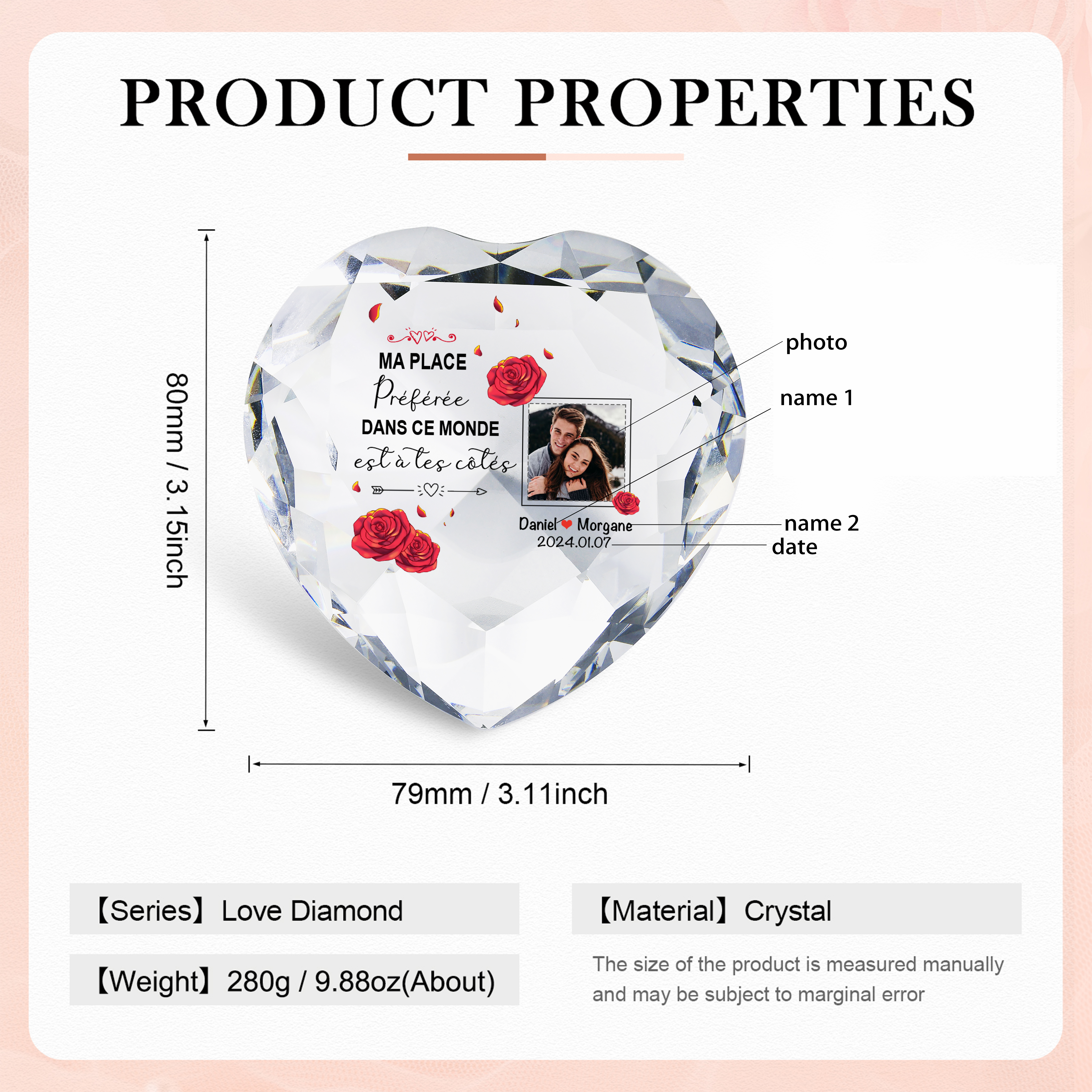 Décoration Cristal Cœur 2 Prénoms et 1 Photo Personnalisés avec Date pour Couple