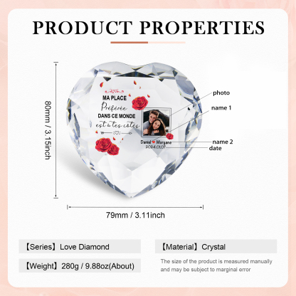Décoration Cristal Cœur 2 Prénoms et 1 Photo Personnalisés avec Date pour Couple