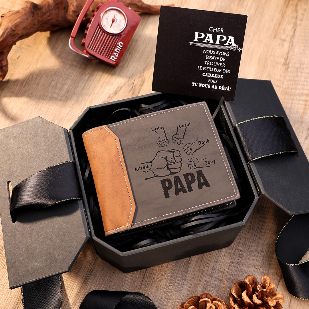 À mon Papa - Portefeuille Poings 5 Prénoms Personnalisés avec Photo Classique Homme Porte-Monnaie Carte | Jessemade