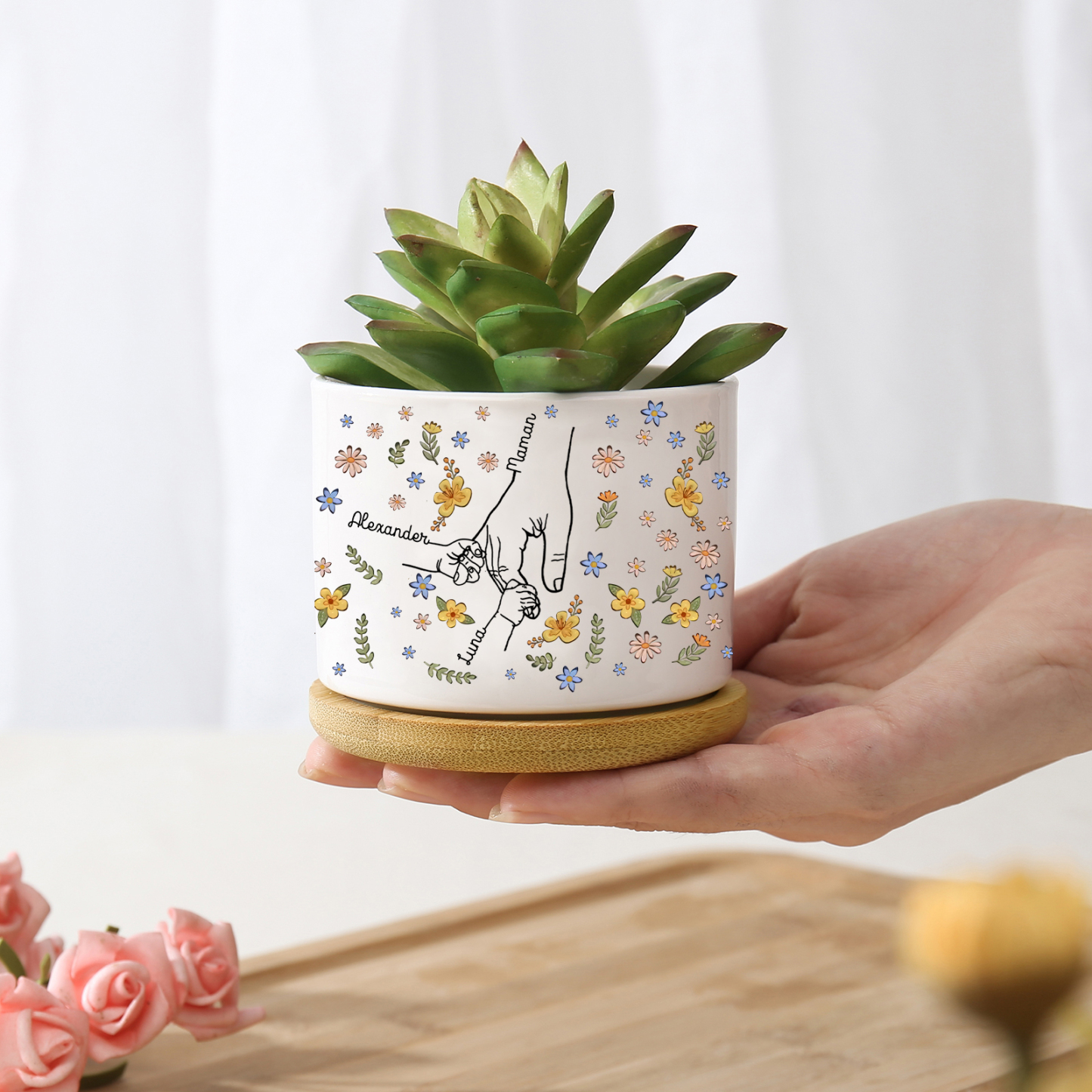 Vase/Pot de Fleurs la main dans la main 3 Prénoms Personnalisés Décoration de la Maison (sans plantes)