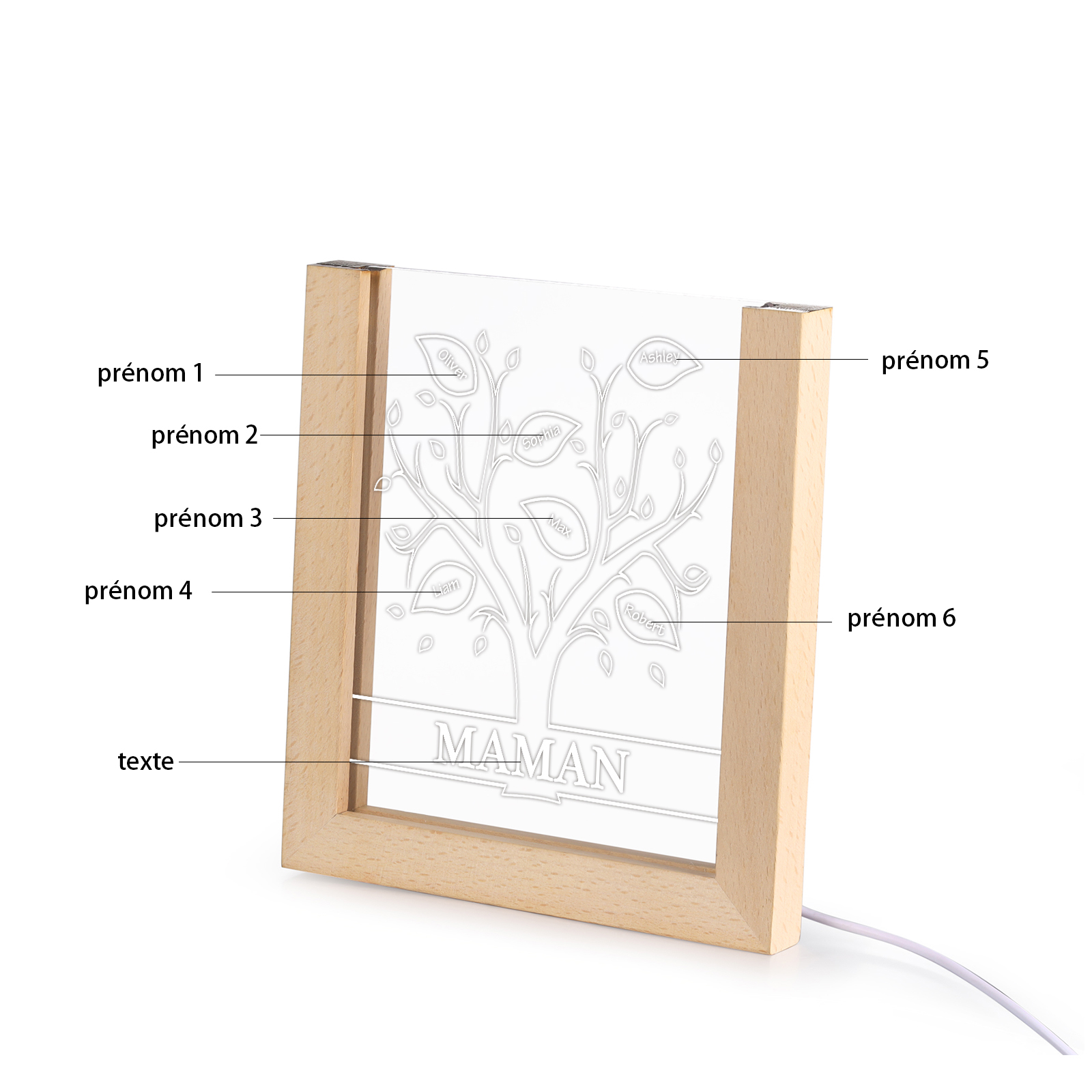 À Maman/Mamie - Lampe de chevet LED Arbre 6 Prénoms Personnalisés avec 1 Texte