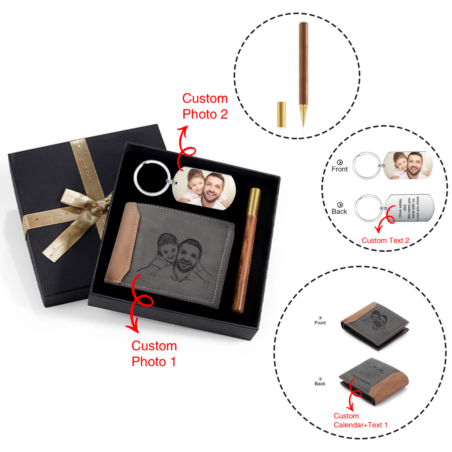 Coffret Cadeau 3PCS - Portefeuille classique Porte-Clés et Stylo 2 Textes Personnalisés avec 2 Photos et 1 Date Coffret Cadeau pour Homme