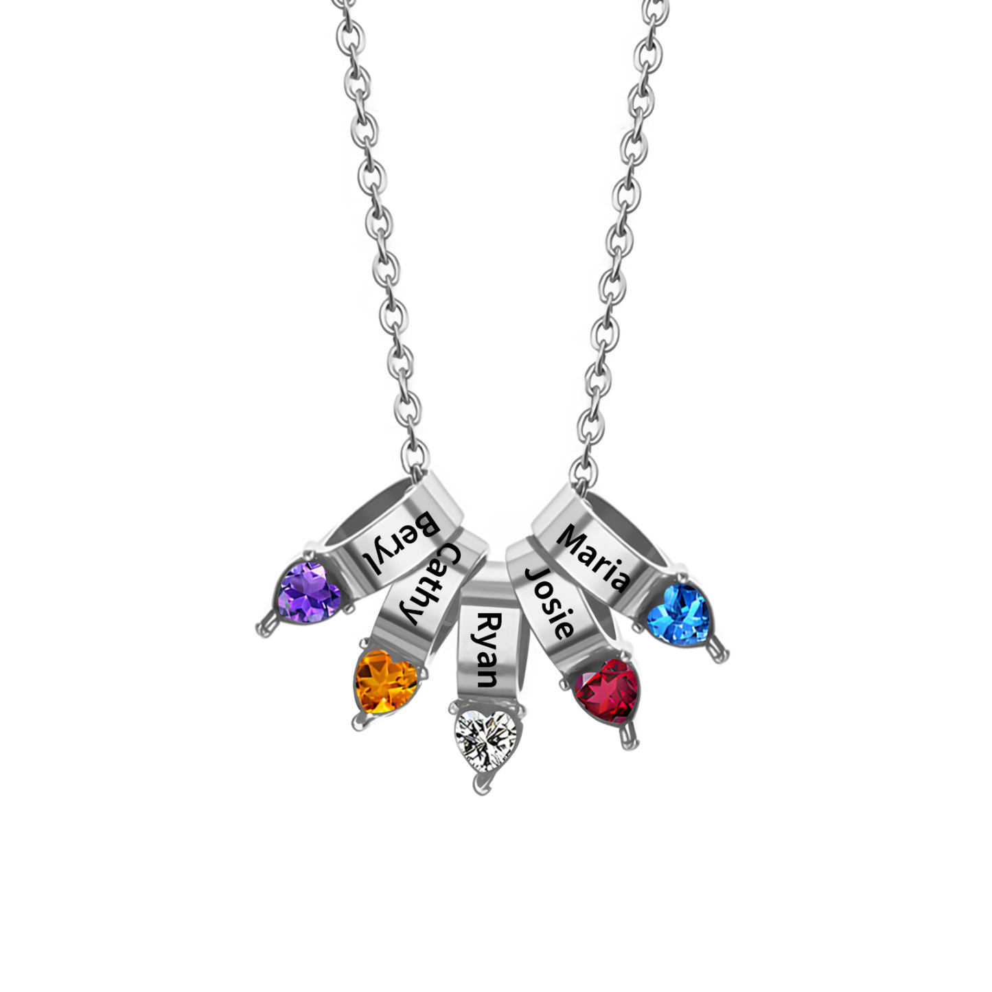 Collier Pendentif Cœur 5 Prénoms et Pierres de Naissance Personnalisés Collier Femmes