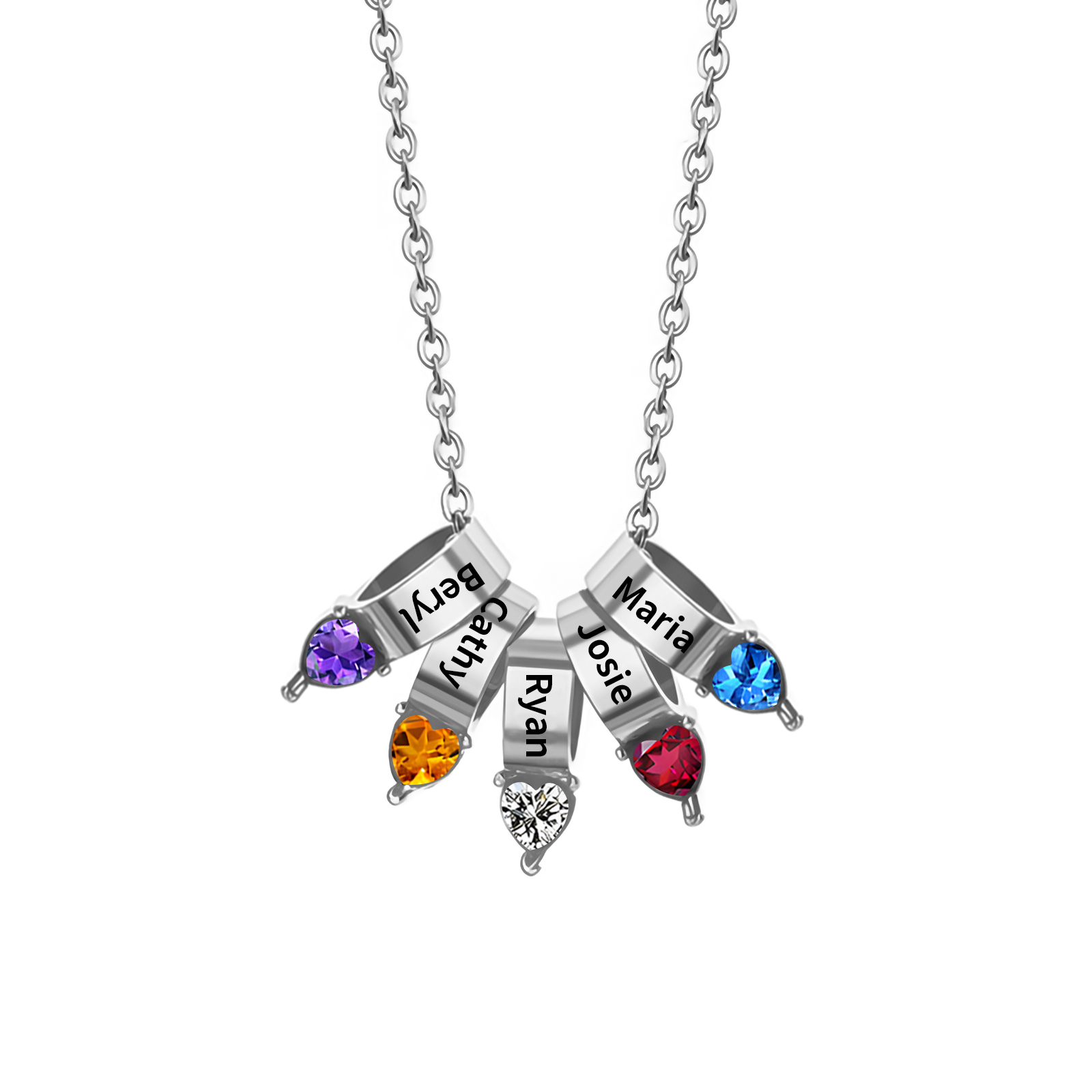 Collier Pendentif Cœur 5 Prénoms et Pierres de Naissance Personnalisés Collier Femmes