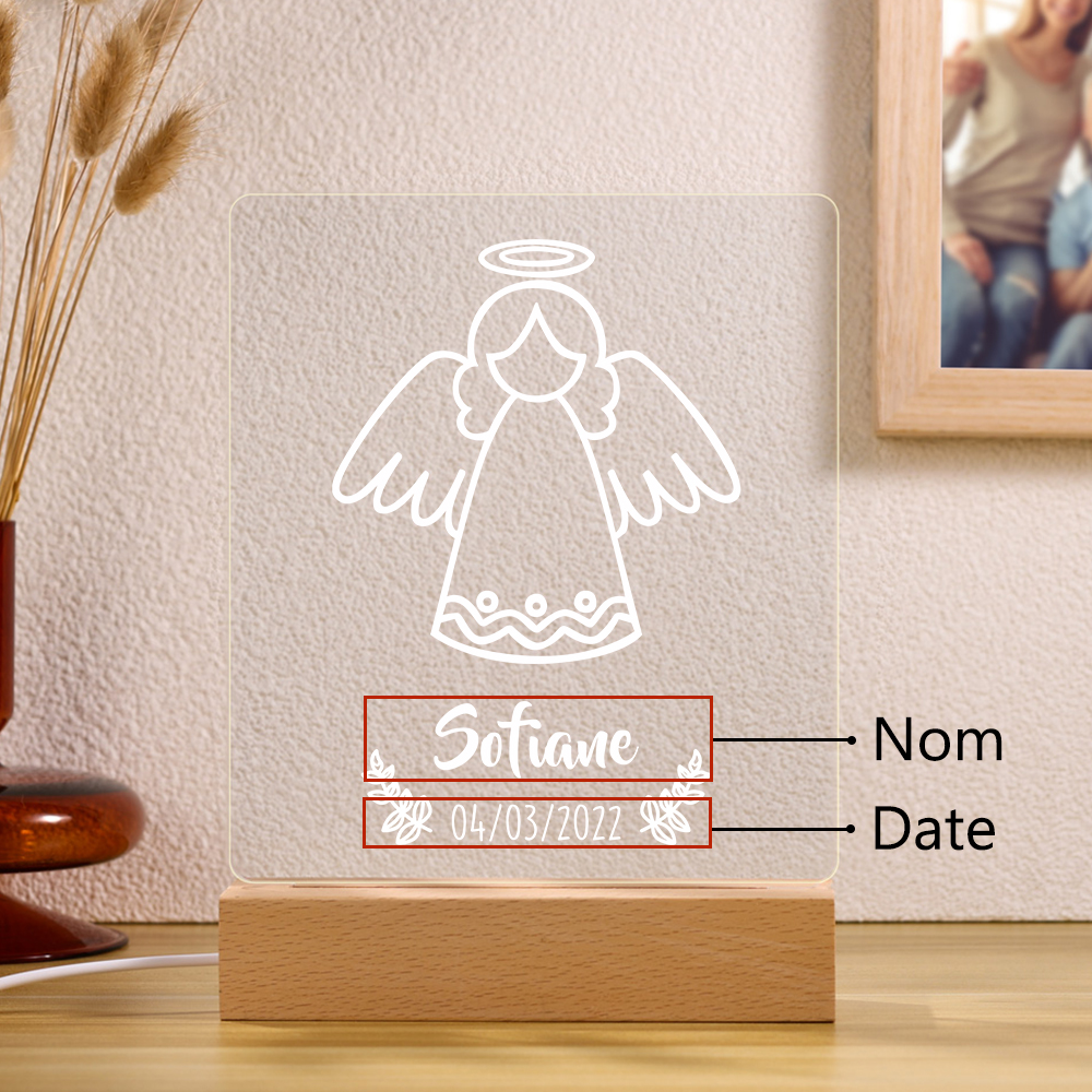 Baptême Lampe de Chevet LED Ange 1 Prénom Personnalisé avec Date