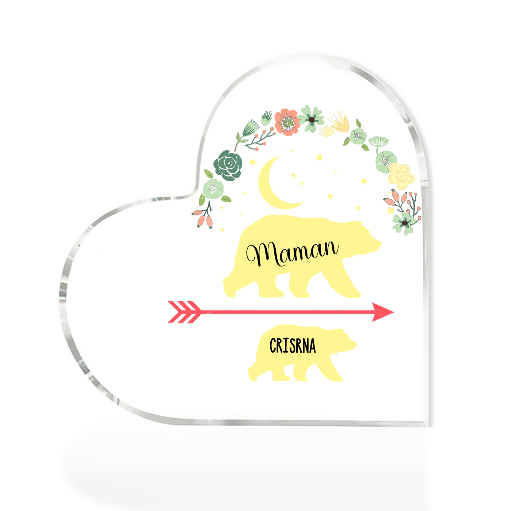 À ma Maman - Plaque Acrylique en Forme de Cœur Ours 1 Prénom Personnalisé