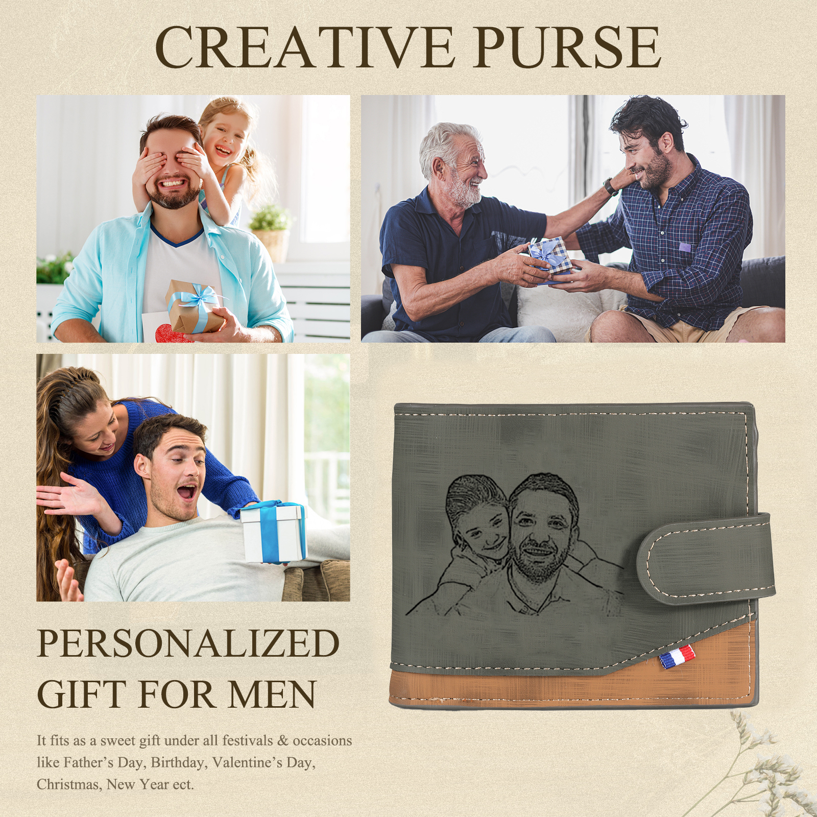 Coffret Cadeau 3PCS - Portefeuille classique Porte-Clés et Stylo 2 Photo et Textes Personnalisés avec 1 Prénom et Lettre Coffret Cadeau pour Homme
