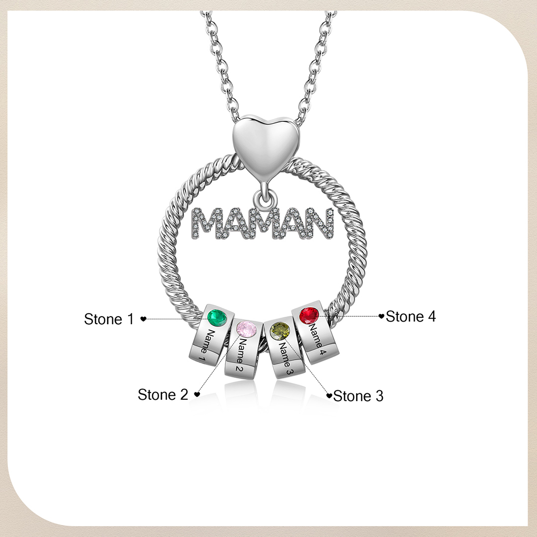À ma Maman - Collier Pendentif 4 Prénoms Personnalisés avec Pierre de naissance