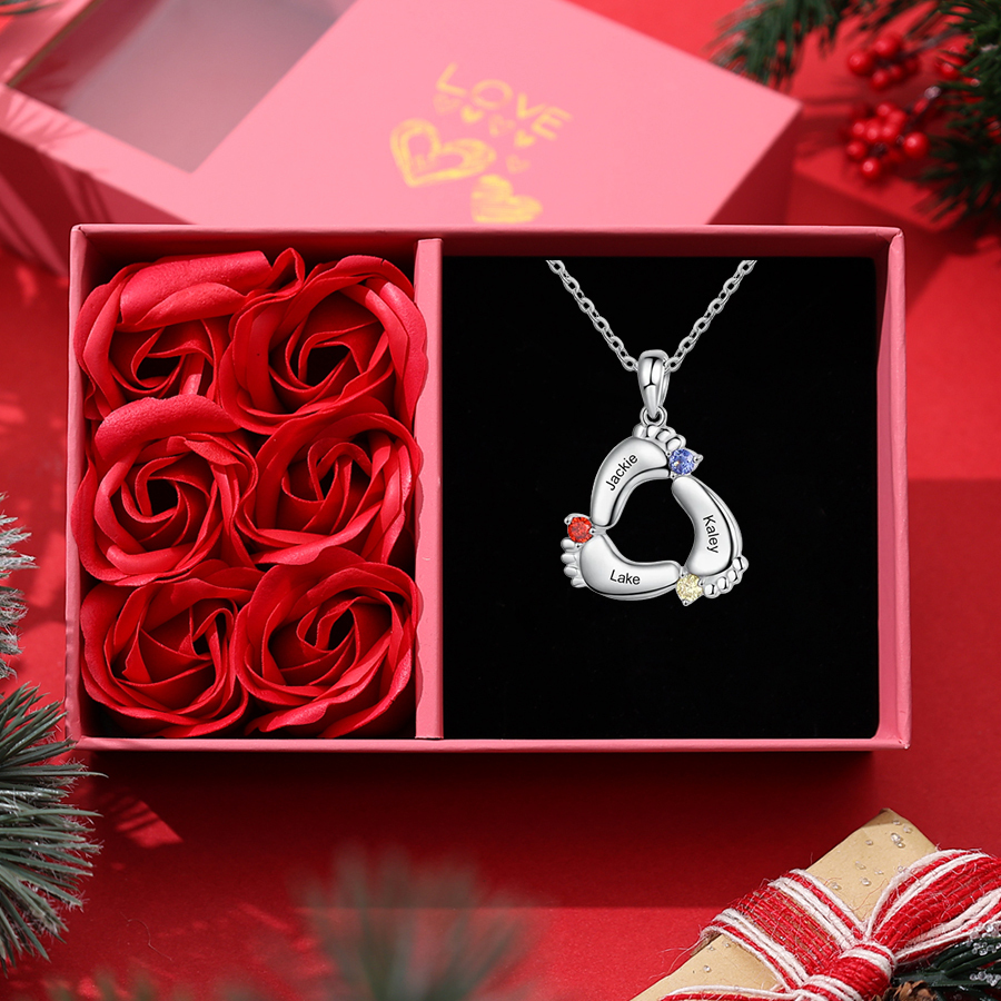 Collier Personnalisés Pied Bébé avec 1 à 6 Prénoms et Pierres de naissance