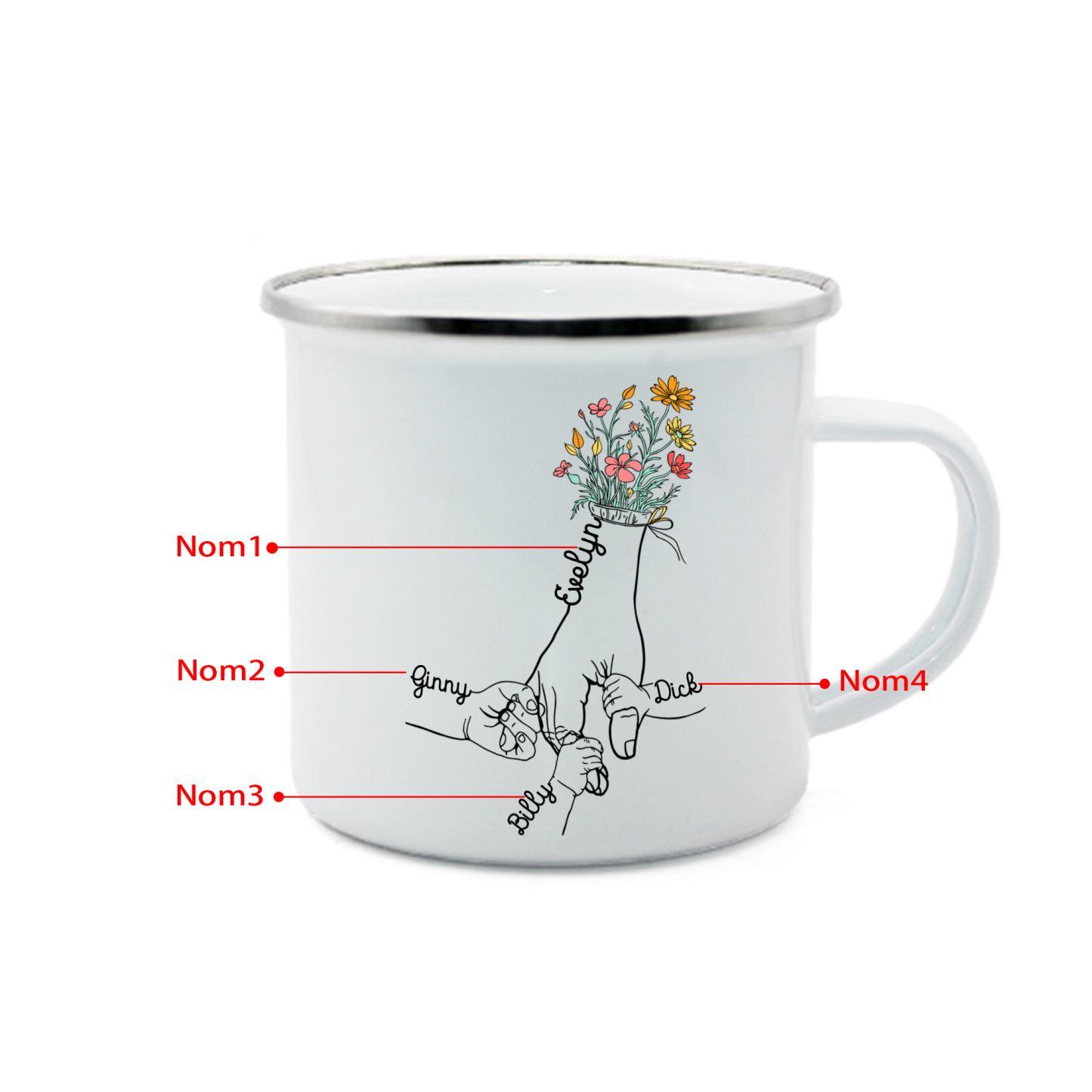 À Maman/Mamie - Tasse émaillée la Main dans la Main 4 Prénoms Personnalisés