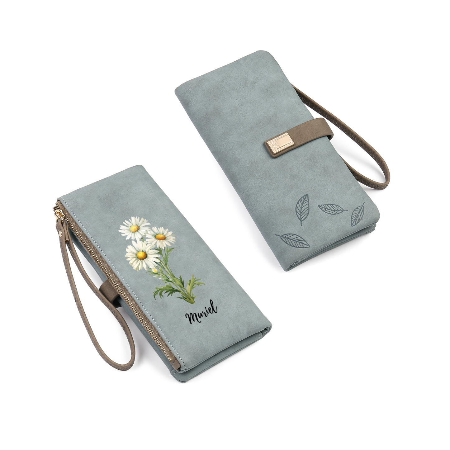 Portefeuille Femmes 1 Prénom Personnalisé avec Fleur de Naissance Porte-Monnaie Carte