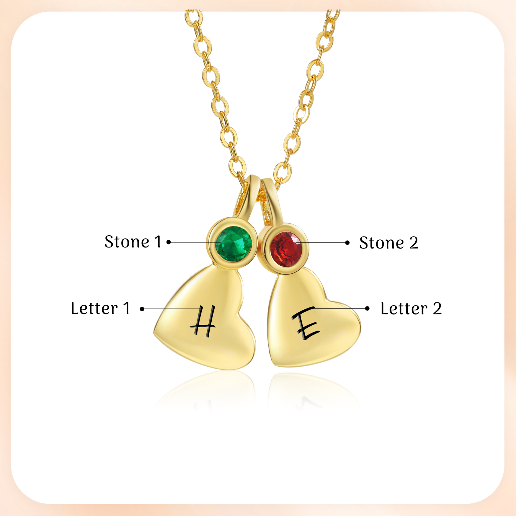 Collier Pendentif Cœur 2 Lettres Personnalisées avec Pierre de naissance pour Femmes
