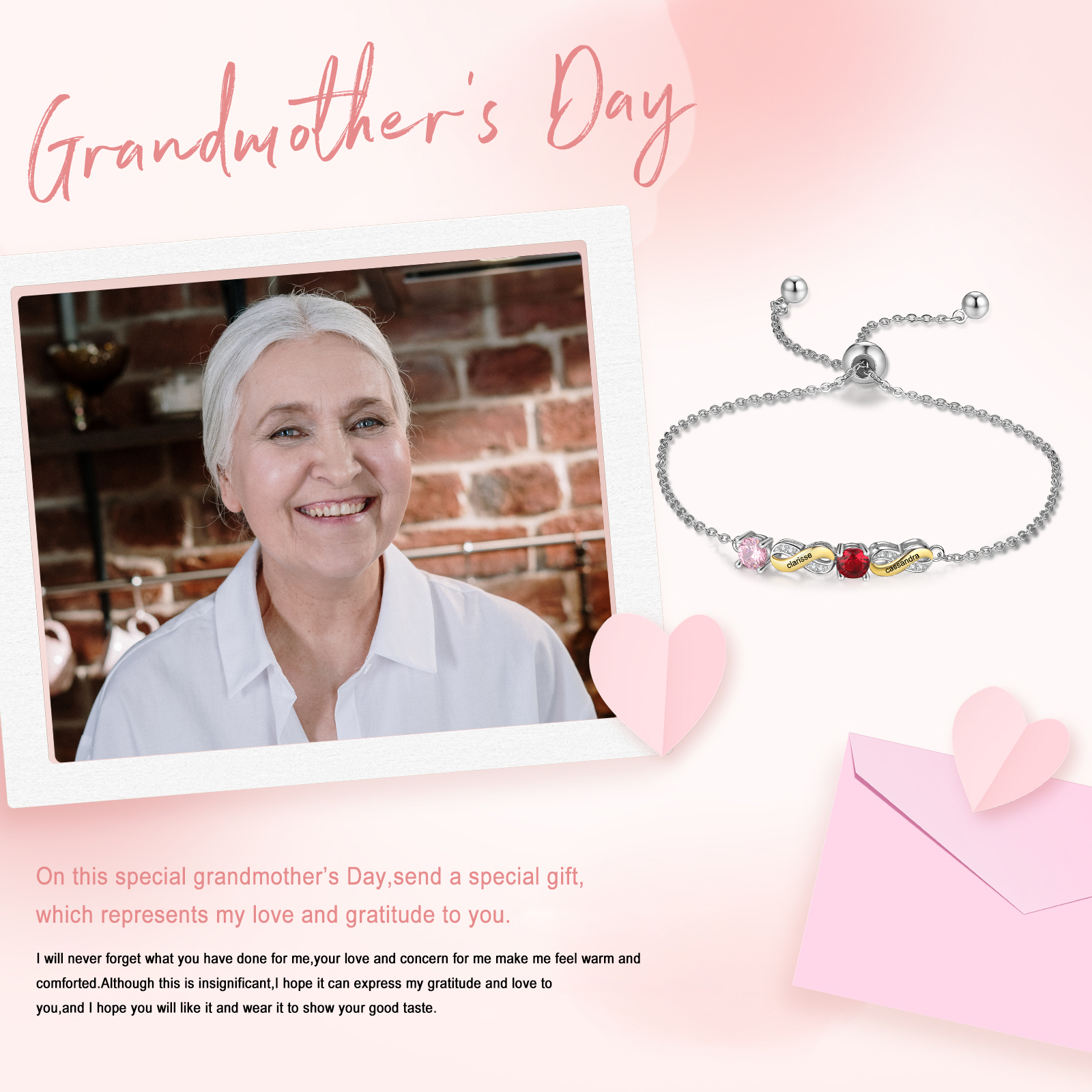 À Ma Mamie  - Bracelet infini 2 Prénoms Personnalisé avec 2 Pierres de Naissance