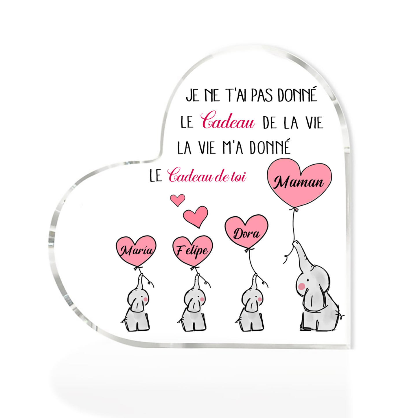 À ma Maman - Plaque Acrylique en Forme de Cœur éléphant 4 Prénoms Personnalisés