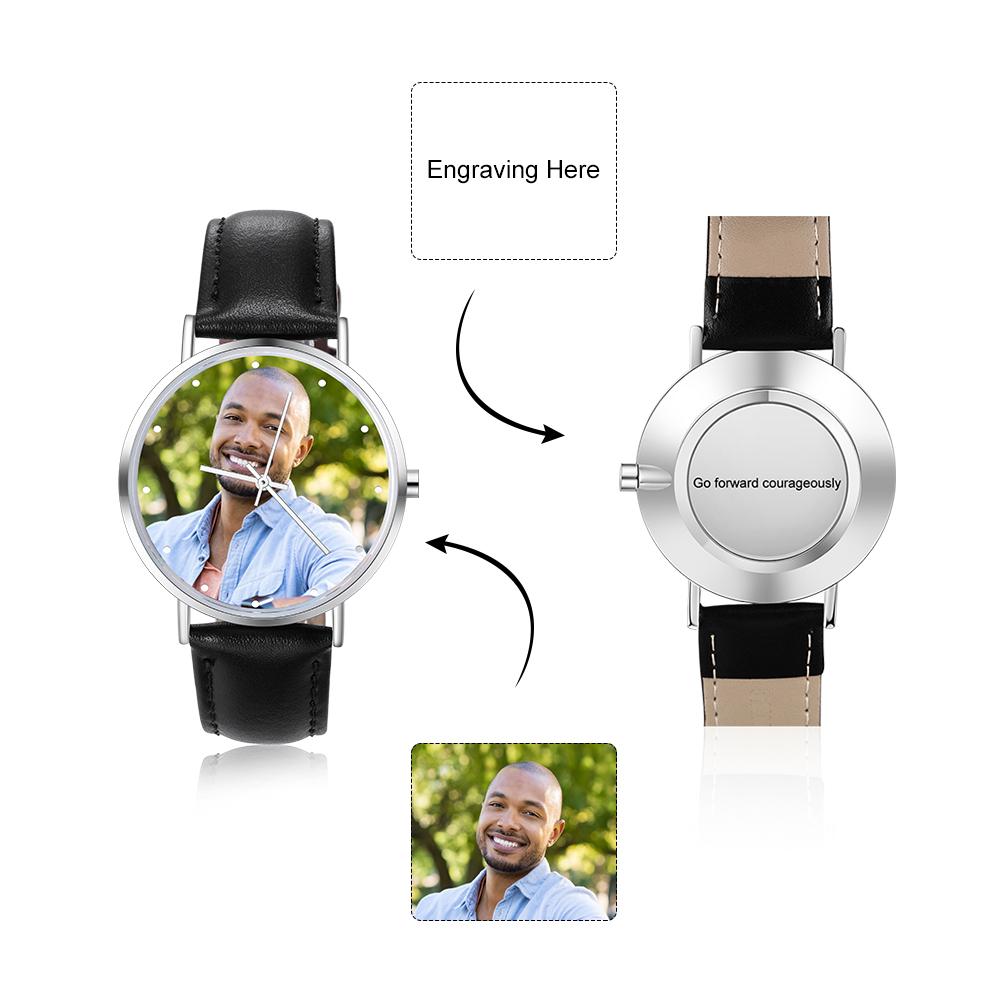 Montre Personnalisée Photo avec Gravure du prénom ou Message Bracelet en Cuir