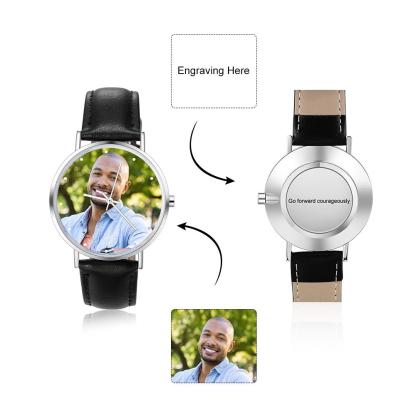 Montre Personnalisée Photo avec Gravure du prénom ou Message Bracelet en Cuir