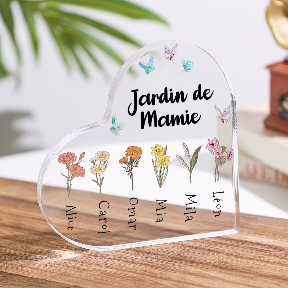 Plaque Acrylique en Forme de Cœur 1-6 Prénoms Personnalisés Jardin de Mamie