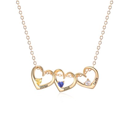 Collier Pendentif Cœur 3 Prénoms Personnalisés avec Pierre de Naissance Collier Femmes