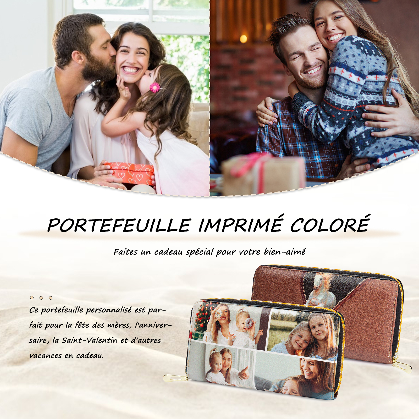Portefeuille long en cuir PU cheval 1 Prénom personnalisé avec 4 photo