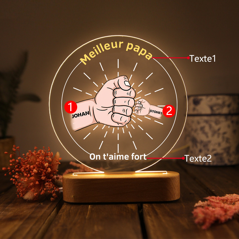 À Papa/Papi - Lampe de chevet LED Lumières Poings 2 Prénoms et 2 Textes Personnalisés pour Famille