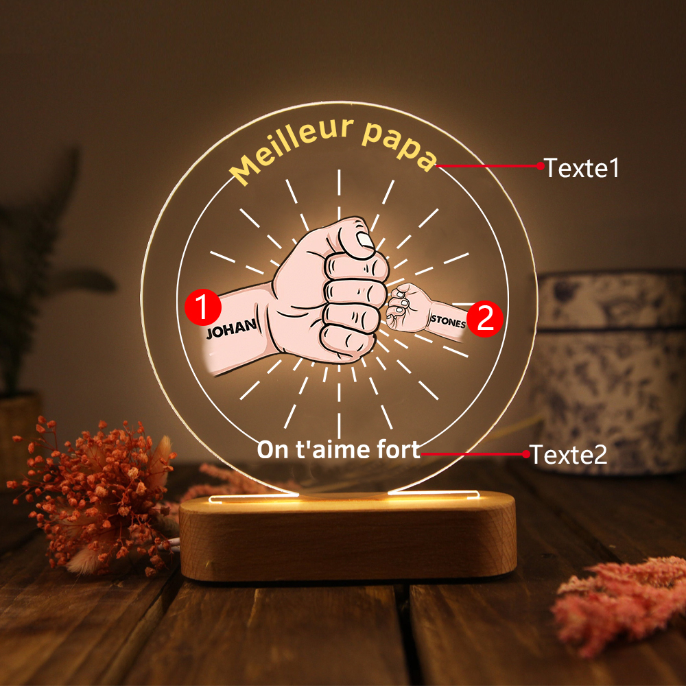 À Papa/Papi - Lampe de chevet LED Lumières Poings 2 Prénoms et 2 Textes Personnalisés pour Famille