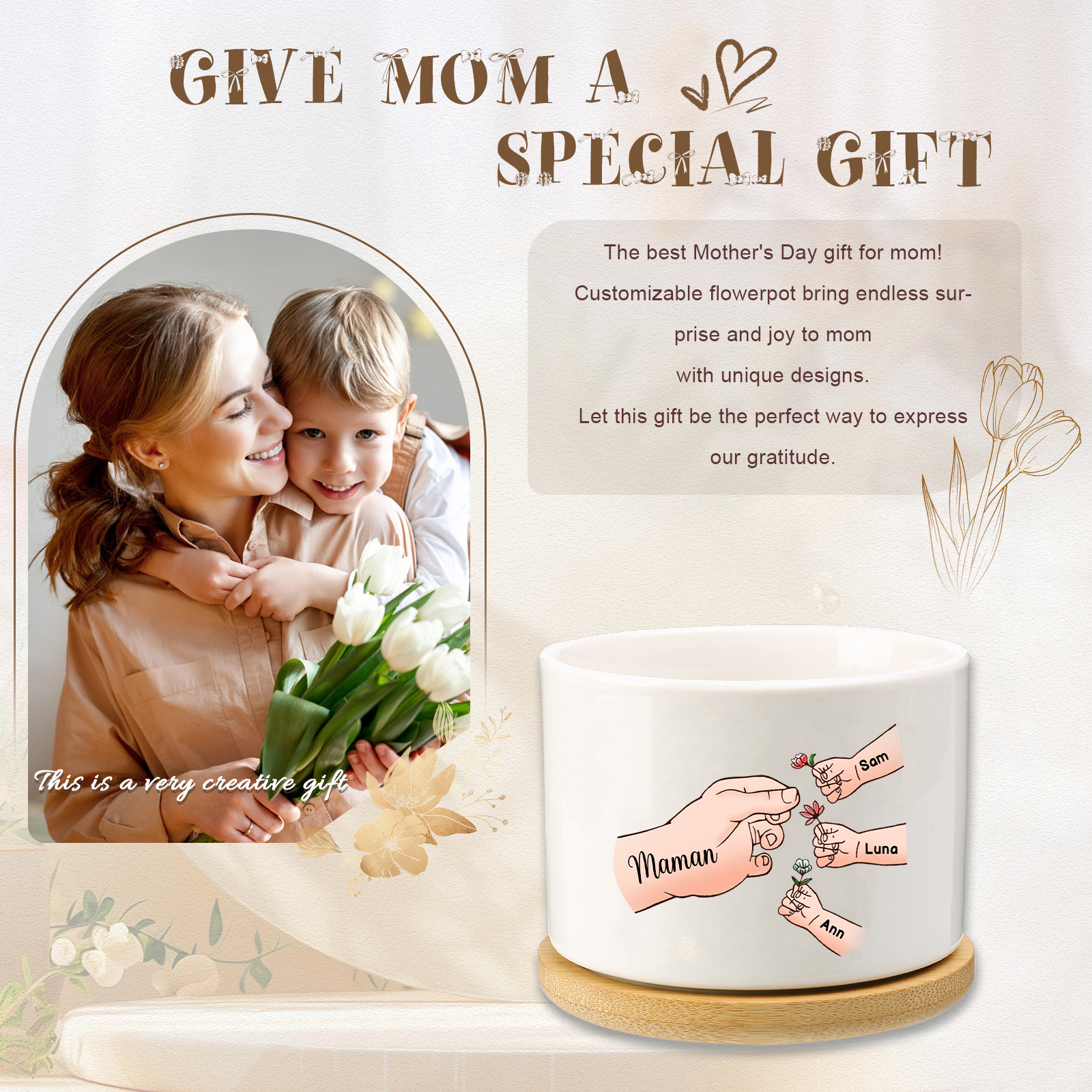 Vase/Pot de Fleurs mains et enfants 4 Prénoms Personnalisés Décoration de la Maison (sans plantes)