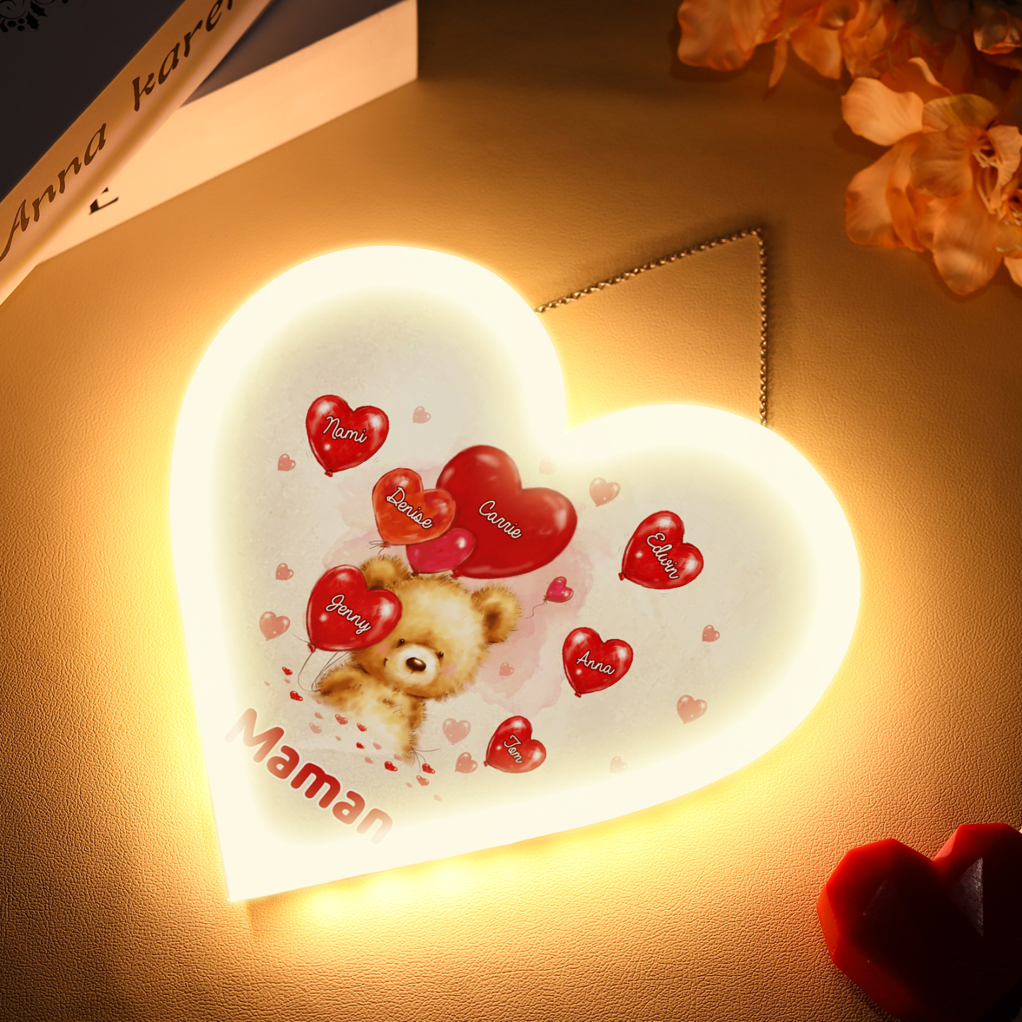 À Maman/Mamie - Veilleuse Cœur Décoration Ours 7 Prénoms Personnalisés avec 1 Texte