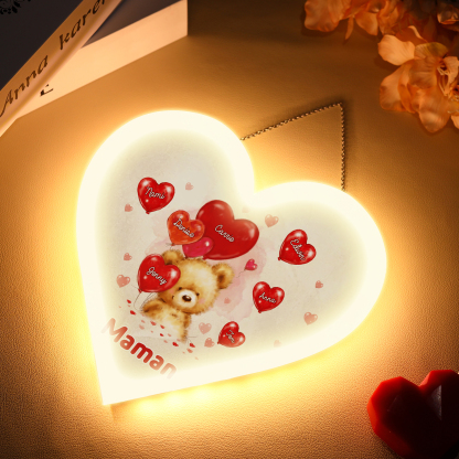À Maman/Mamie - Veilleuse Cœur Décoration Ours 7 Prénoms Personnalisés avec 1 Texte