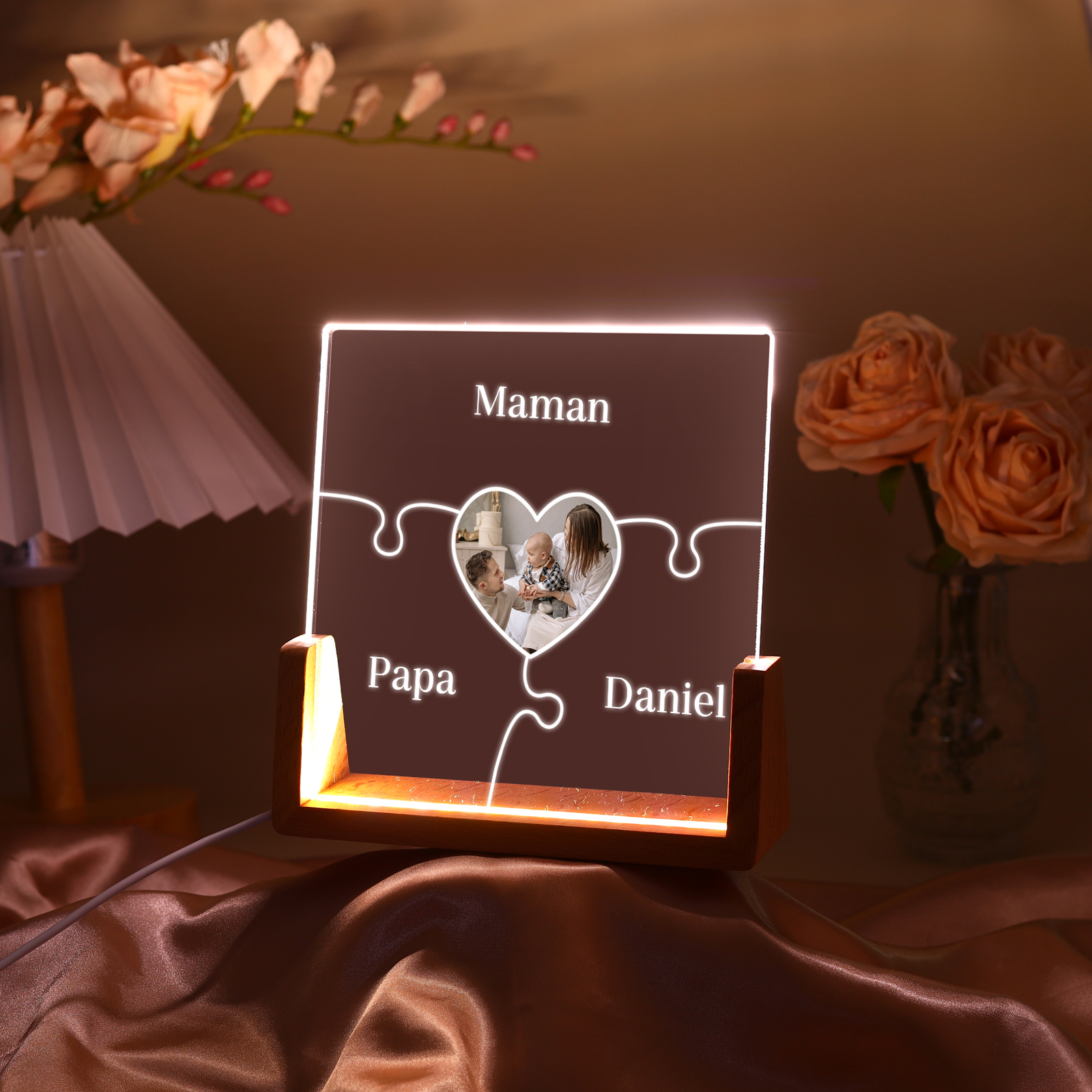 Lampe de chevet LED Puzzles 3 Prénoms Personnalisés avec Photo pour Famille