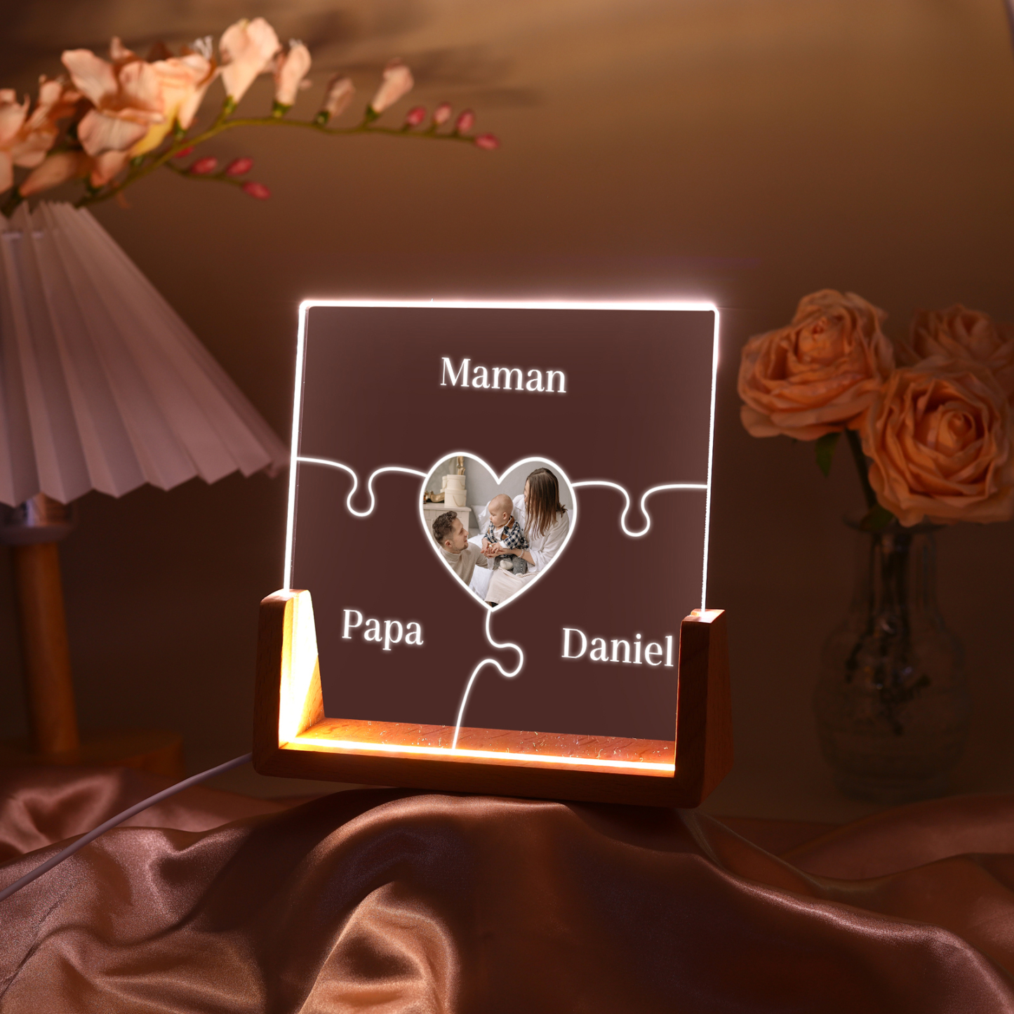 Lampe de chevet LED Puzzles 3 Prénoms Personnalisés avec Photo pour Famille