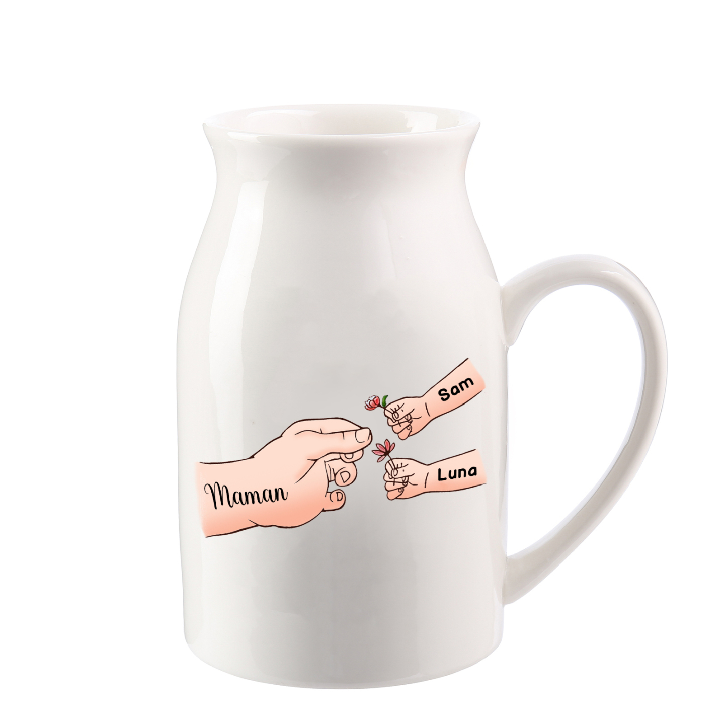 Vase à Fleurs Mains et Enfants 3 Prénoms Personnalisés Décoration de la Maison