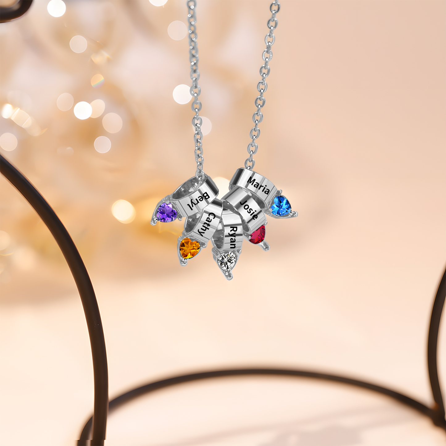 Collier Pendentif Cœur 5 Prénoms et Pierres de Naissance Personnalisés Collier Femmes