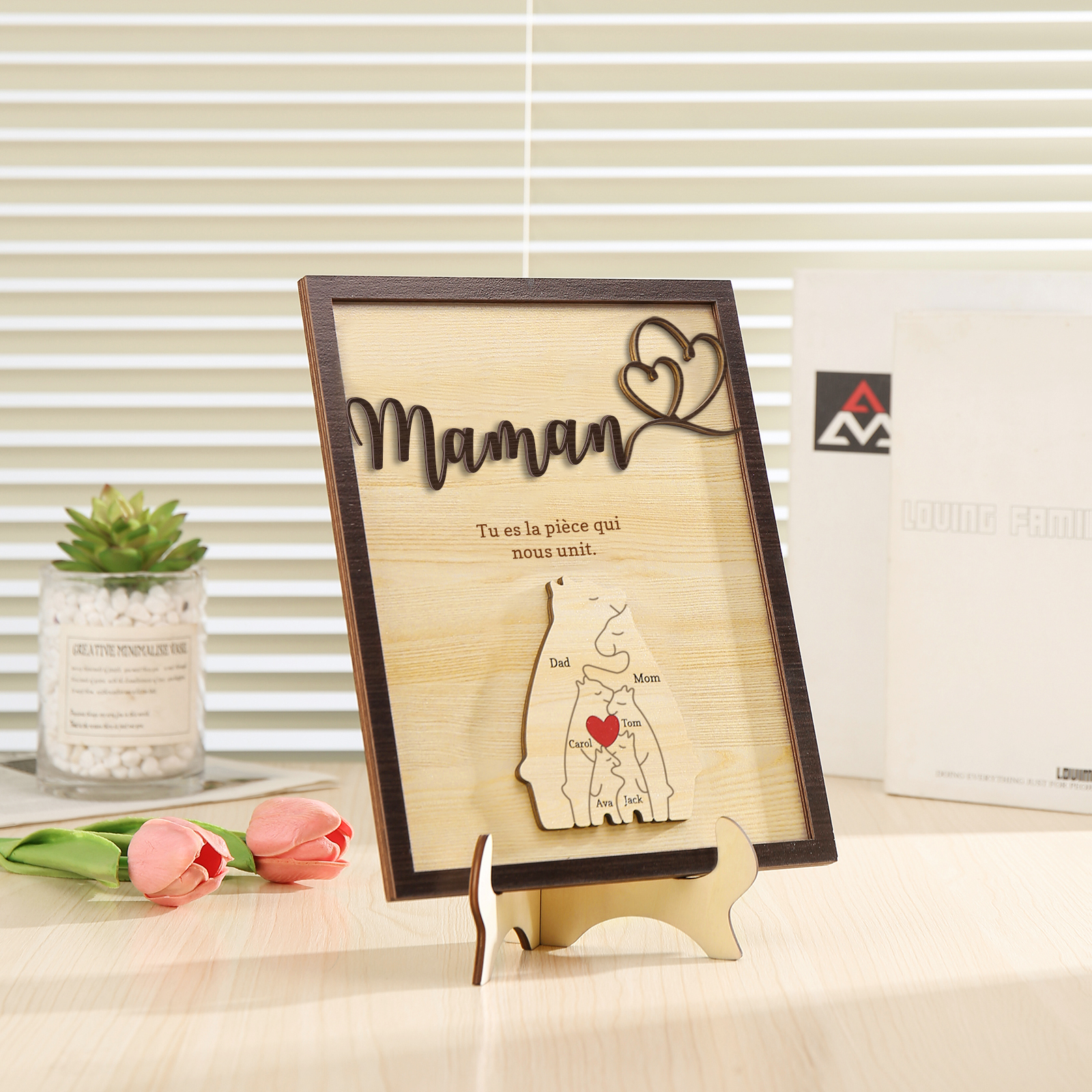 À ma Maman - Décoration en bois Ours 6 Prénoms Personnalisés Ornement pour Famille