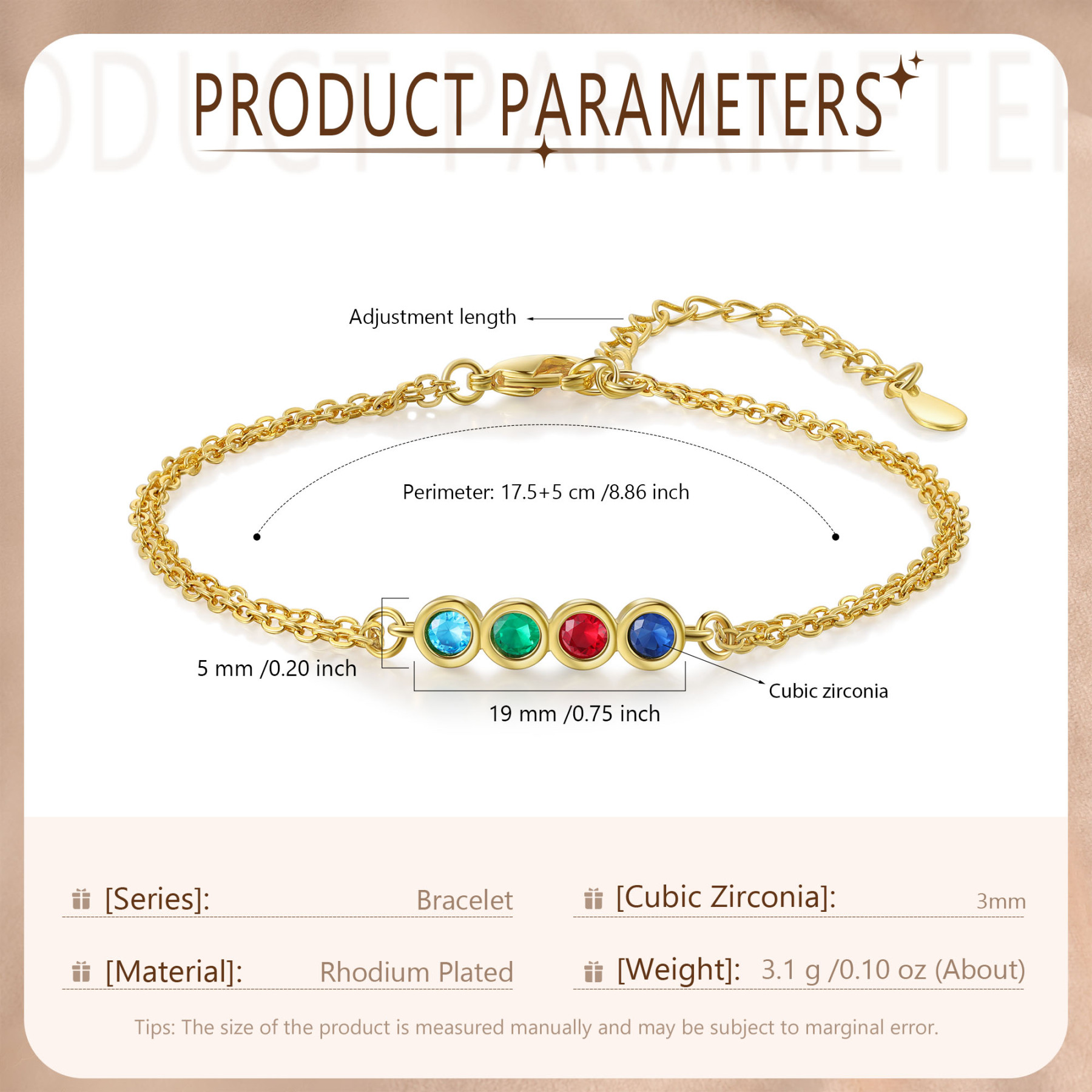 Bracelet Femme Personnalisés avec 4 Pierres de Naissance