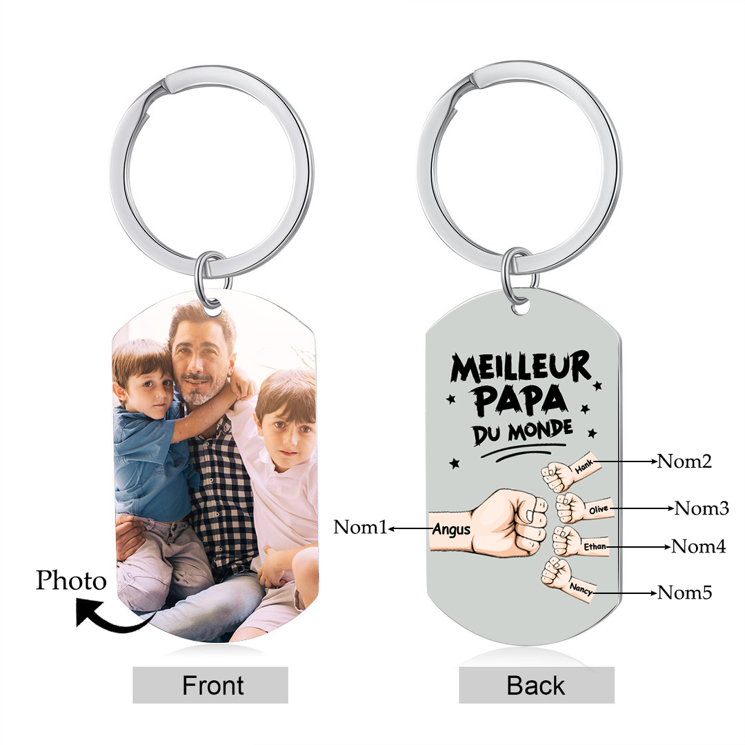 À mon Papa - Porte-Clés Personnalisé avec 2-5 Prénoms et Poings avec 1 Photo Cadeau pour “Meilleur Papa du Monde” | Jessemade