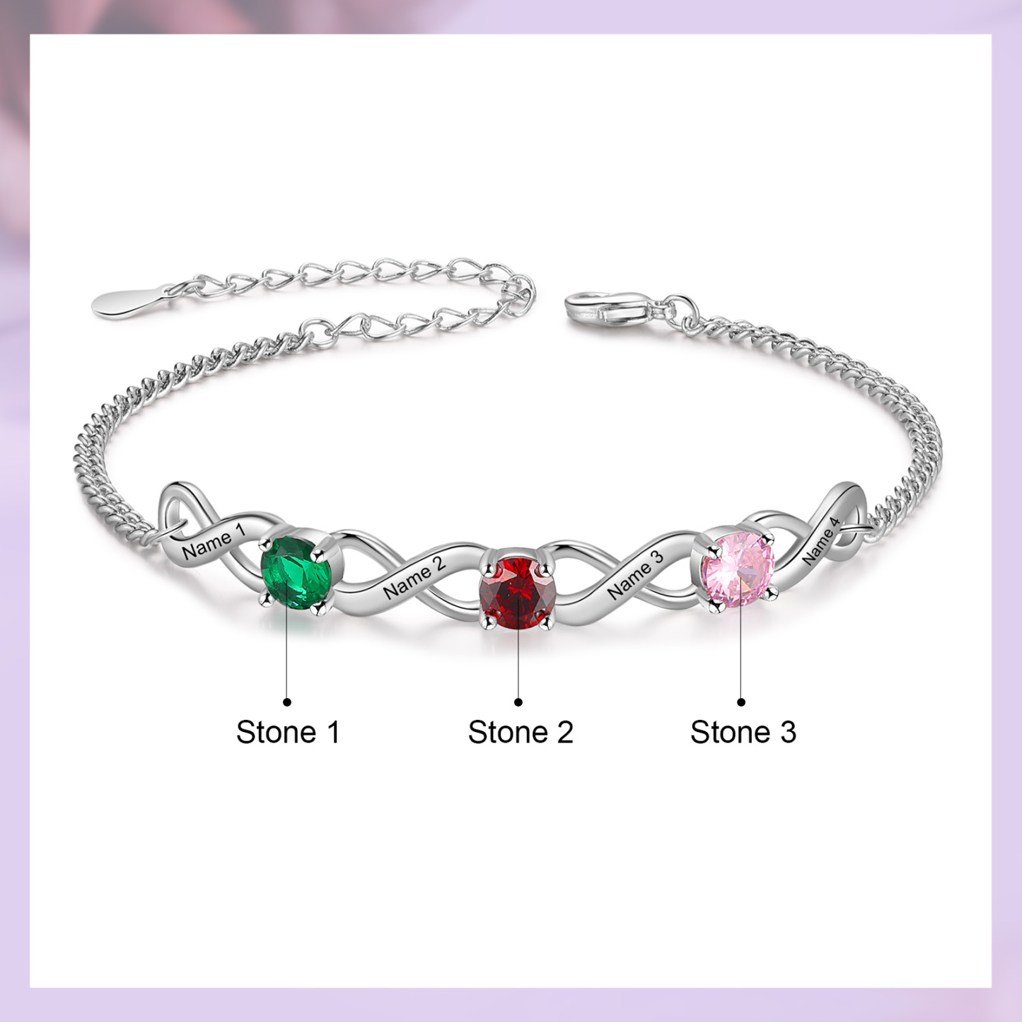 Bracelet Infini 4 Prénoms Personnalisés avec 3 Pierres de Naissance pour Femme