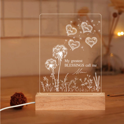 À Maman/Mamie - Lampe de chevet LED Pissenlit 4 Prénoms Personnalisés avec 2 Textes pour Famille