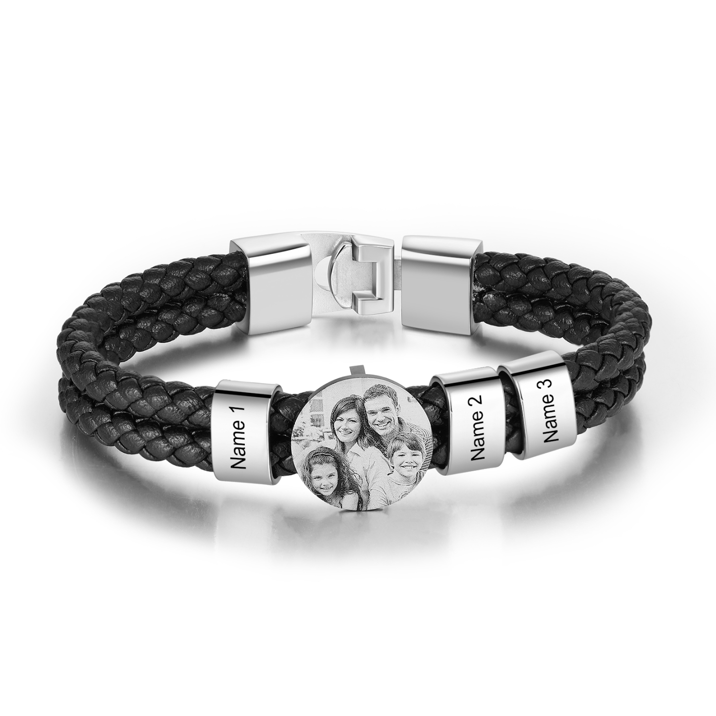 Bracelet en Cuir 3 Prénoms Personnalisés avec Photos