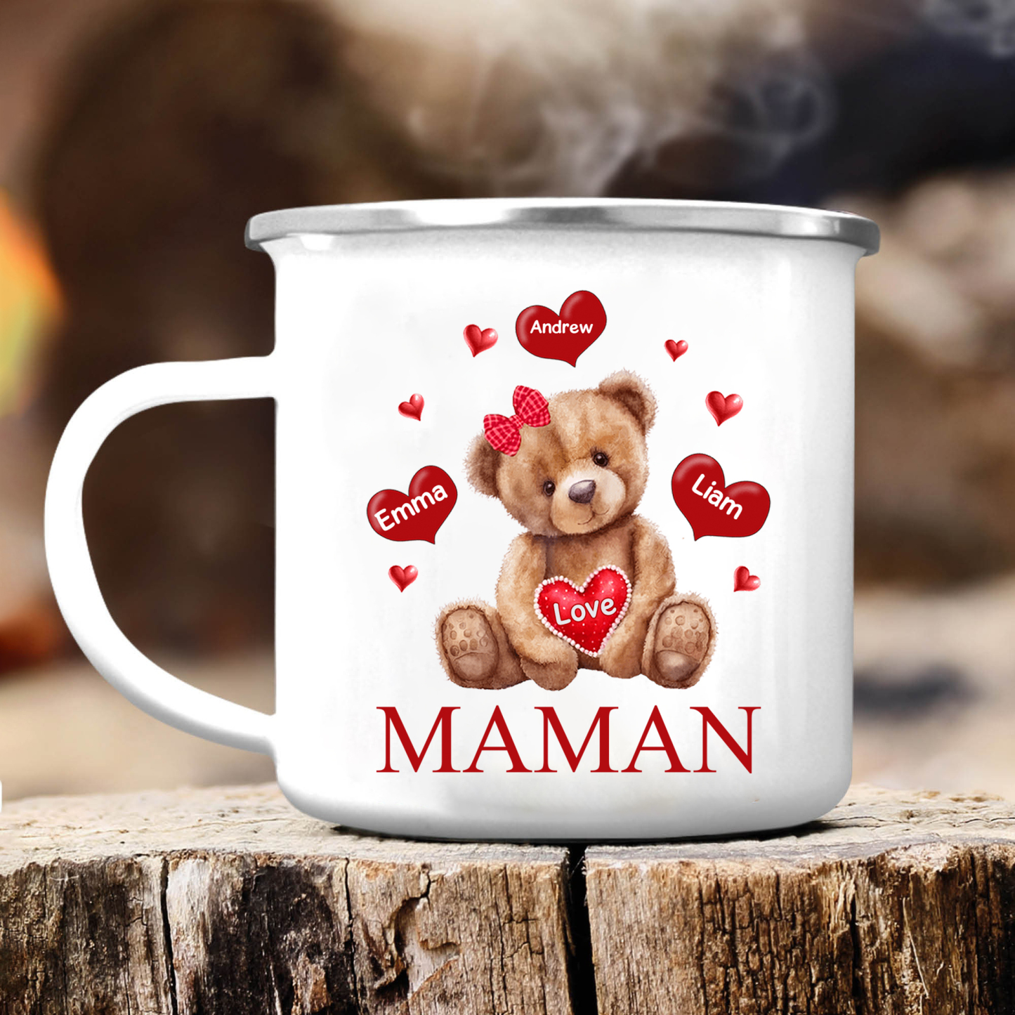 À Maman/Mamie - Tasse émaillée Ours 3 Prénoms Personnalisés
