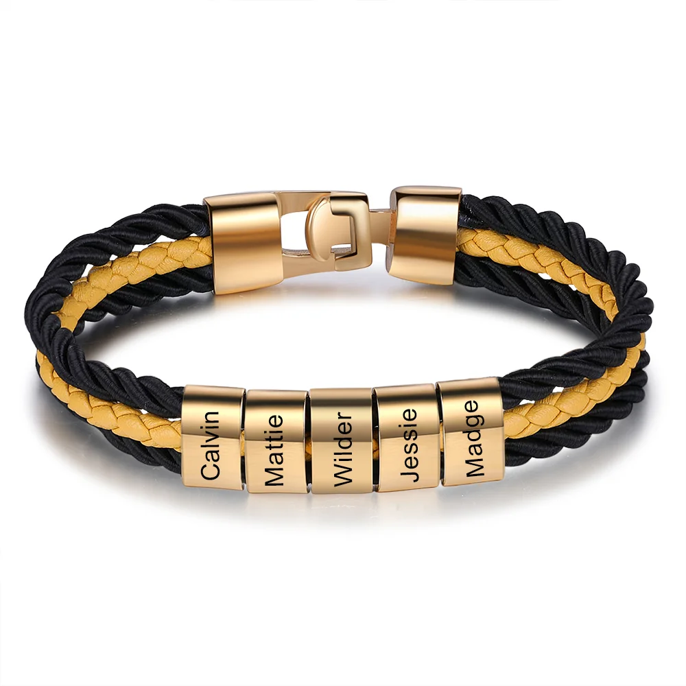 Bracelet 5 Prénoms Personnalisé en Cuir Tressé 