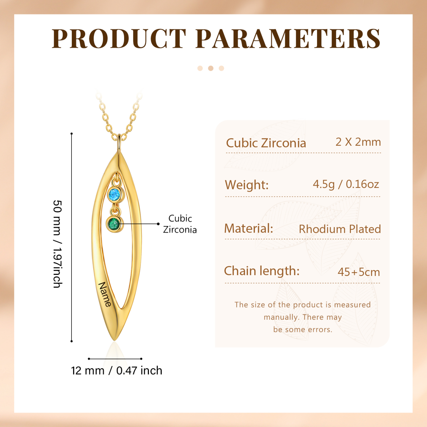 Collier Pendentif Feuilles 1 Prénom et 2 Pierres de Naissance Personnalisés Collier Femmes