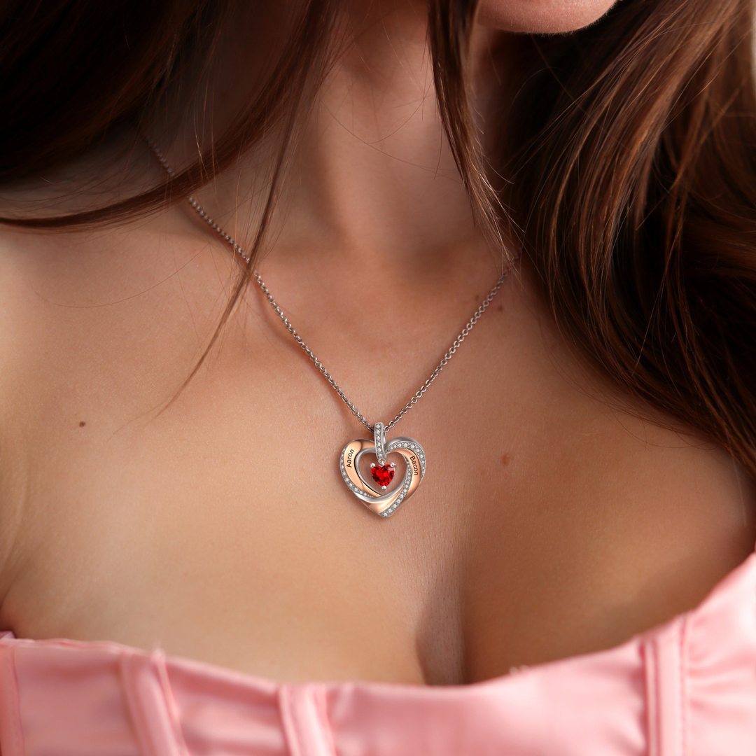 Collier 2 Prénoms Personnalisé Pendentif avec 1 Pierre de Naissance Cœur
