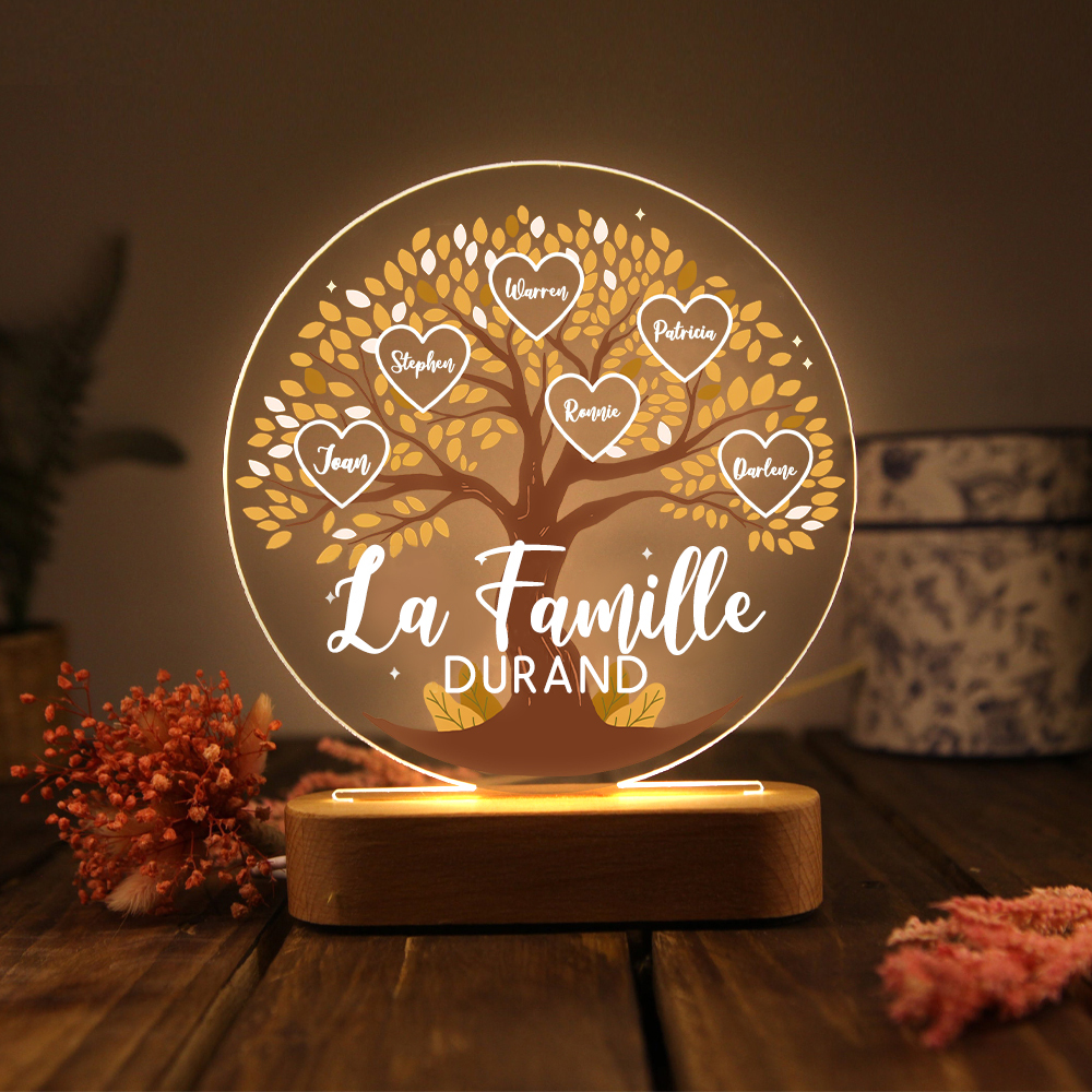 Lampe de chevet Arbre de Vie LED Lumières 6 Prénoms et 1 Texte Personnalisés pour Famille