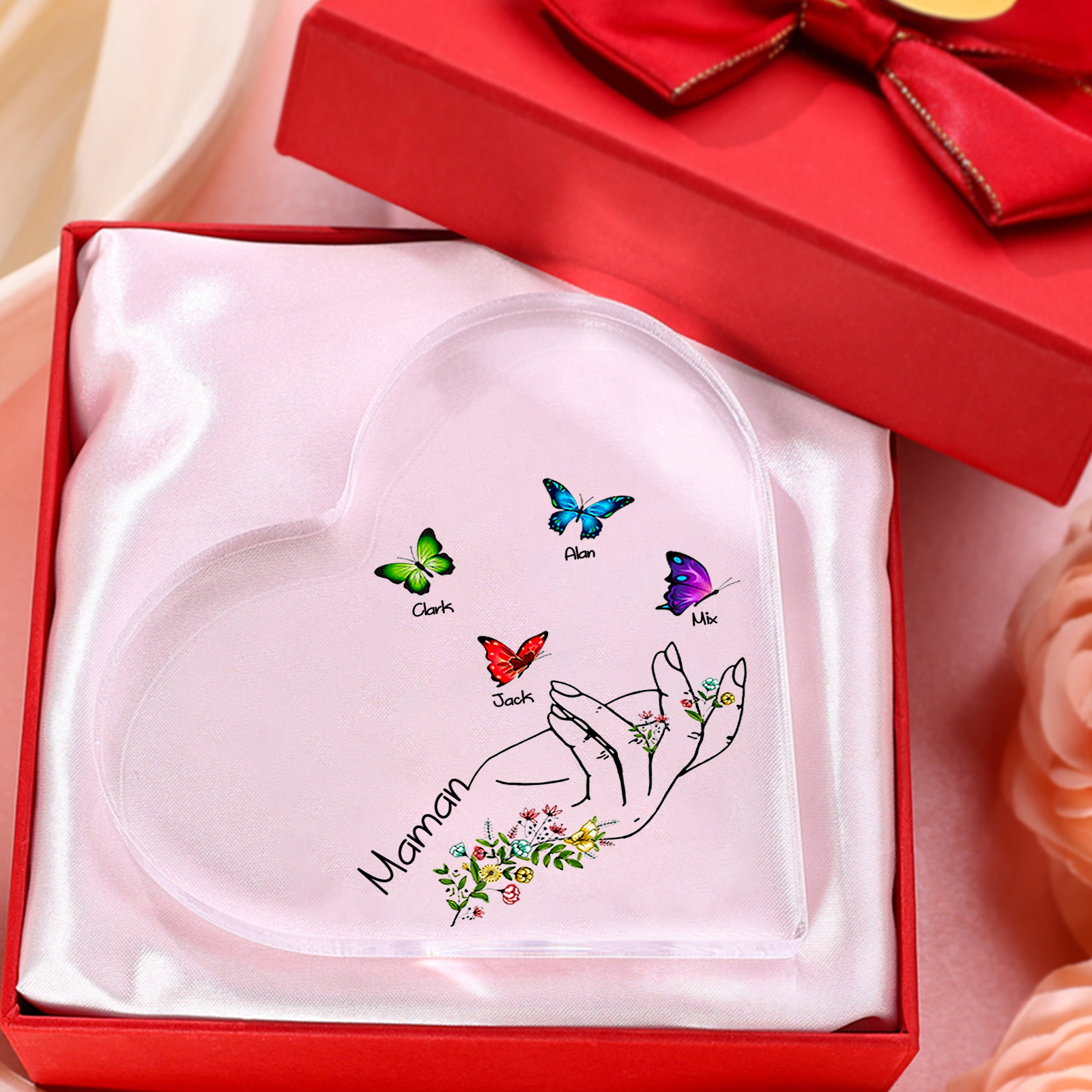 À Maman/Mamie - Plaque Acrylique en forme de Coeur Personnalisé avec 4 Prénoms et Texte Cadeau Famille | Jessemade